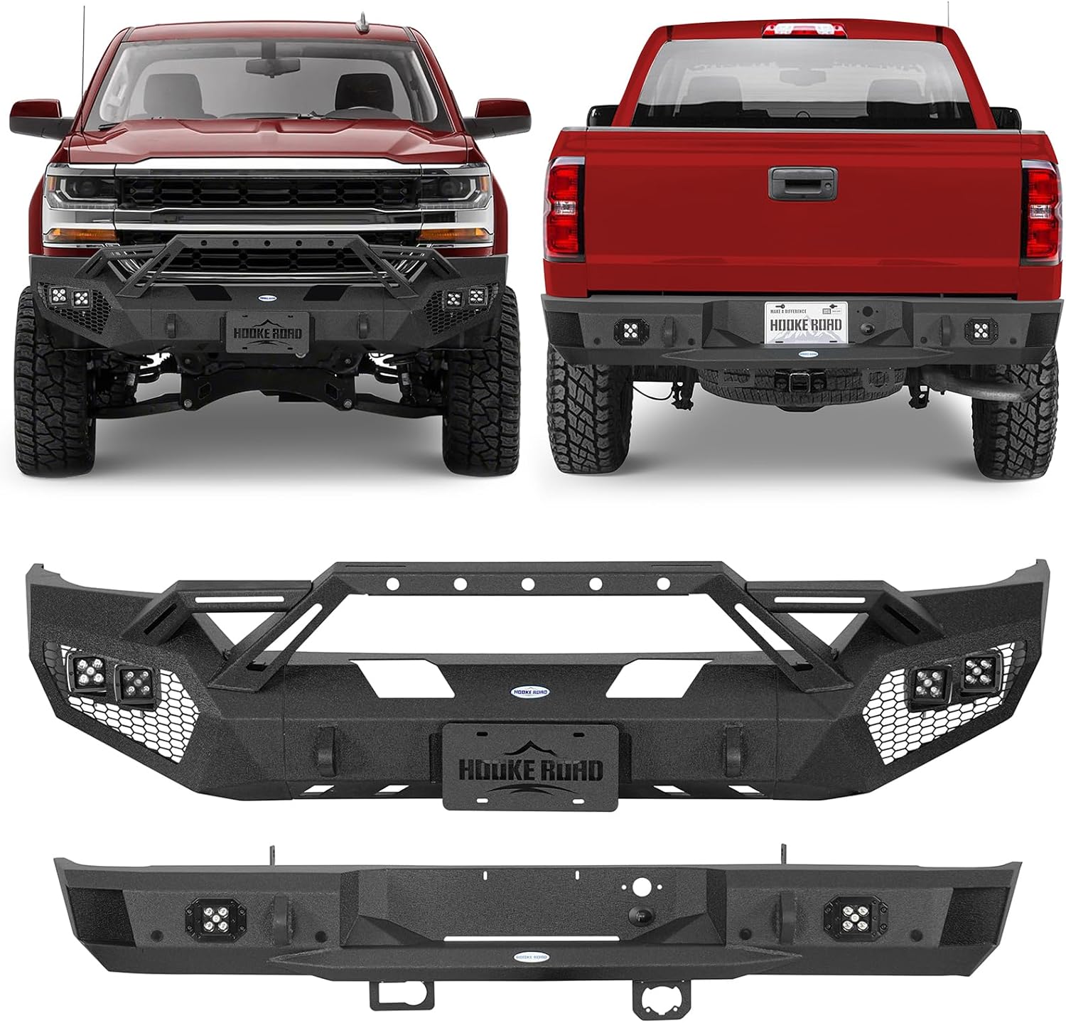 Hooke Road Silverado Front and Rear Bumper Set for 2016 2017 2018 Chevy Chevrolet 1500 Pickup Truck, Heavy Duty Offroad Bumper with Winch Plate, D-ring Mounts