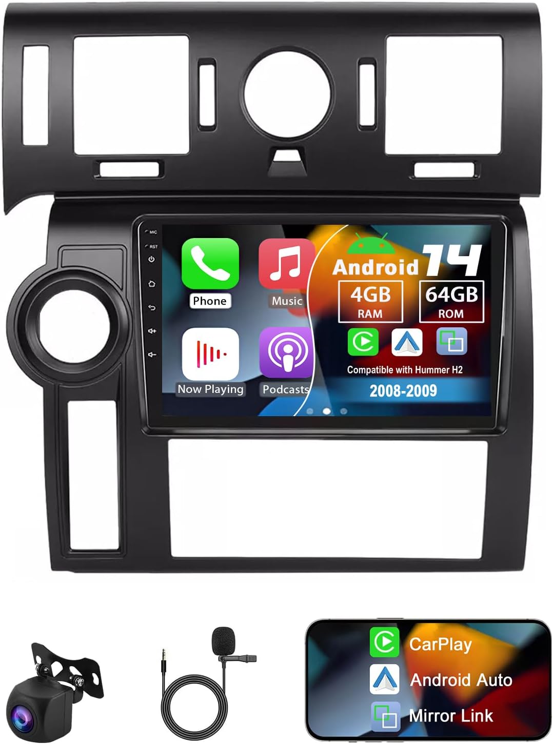 Android 14 Double Din Car Radio Compatible with Hummer H2 2008-2009, 4G+64G 9