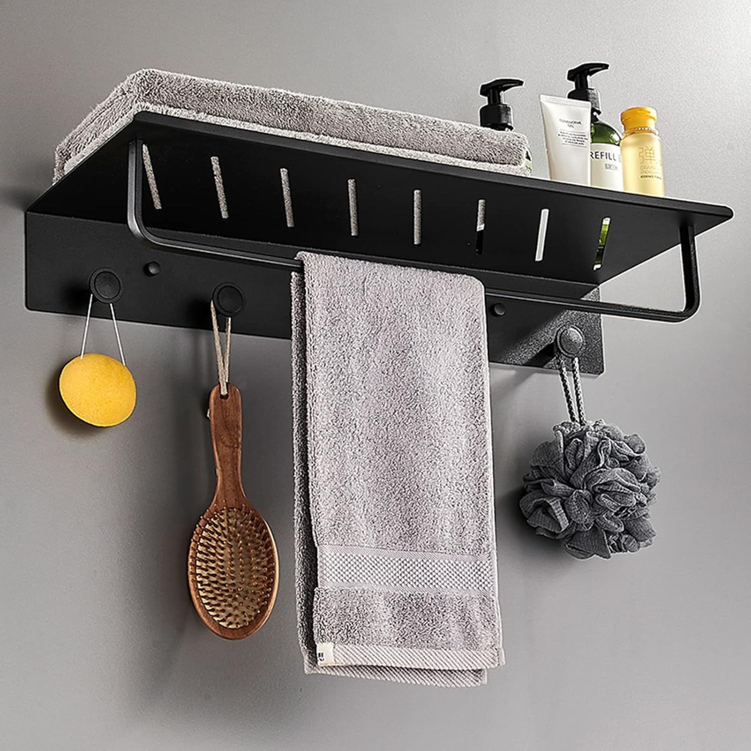 Shower Shelves with Towel Rack Bathroom Shelf Adhesive Shower Caddie with Hook No Drilling Wall Mount Space Aluminum for Kitche