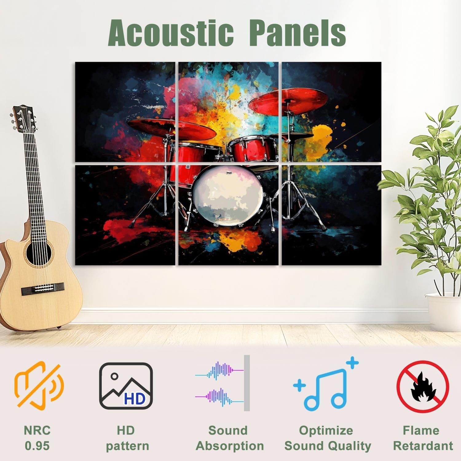 6 Pack Art Acoustic Panels Sound Absorbing Music Abstract Drum Set Splash Colors Red Drums Dynamic Musical Decorative Soundproof Wall Panels Self Adhesive for Recording Studios Office 72