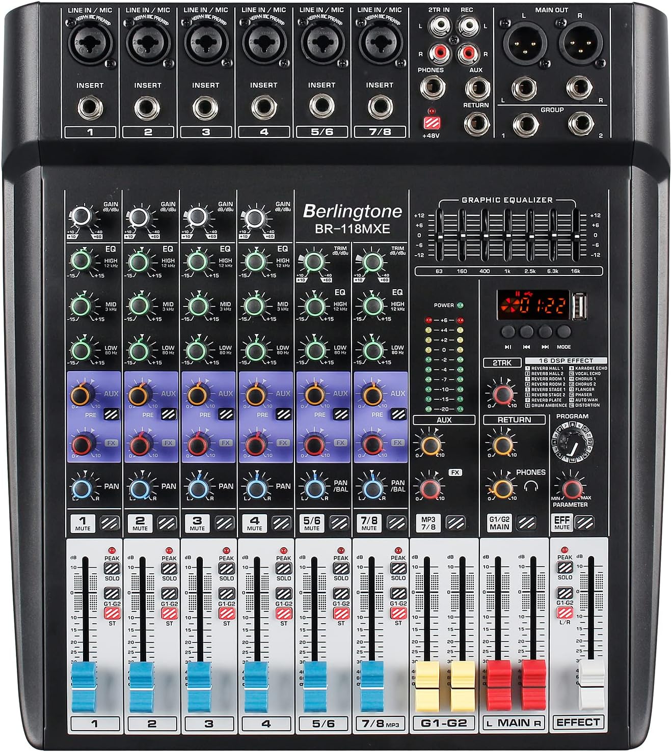 8 Channel Bluetooth Professional Audio Mixer DJ Sound Console, USB MP3 Recording, 6 XLR Microphone Jack 7 Band EQ 48V Phantom Power Stereo 16-BIT Digital Multi FX Processor (BR-118MX)