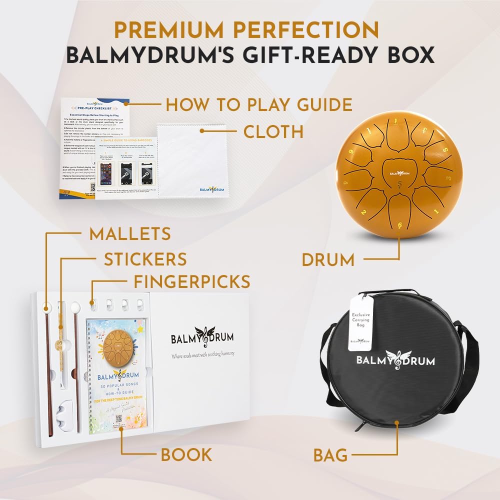 The Balmy Drum - 11 Note 10 Inch Steel Tongue Drum, Steel Drum Instrument, Drums For Children and Adults, Balmy Drum Set for Kids with Music Book, Handpan, Mallet and Carry Bag (Gold)