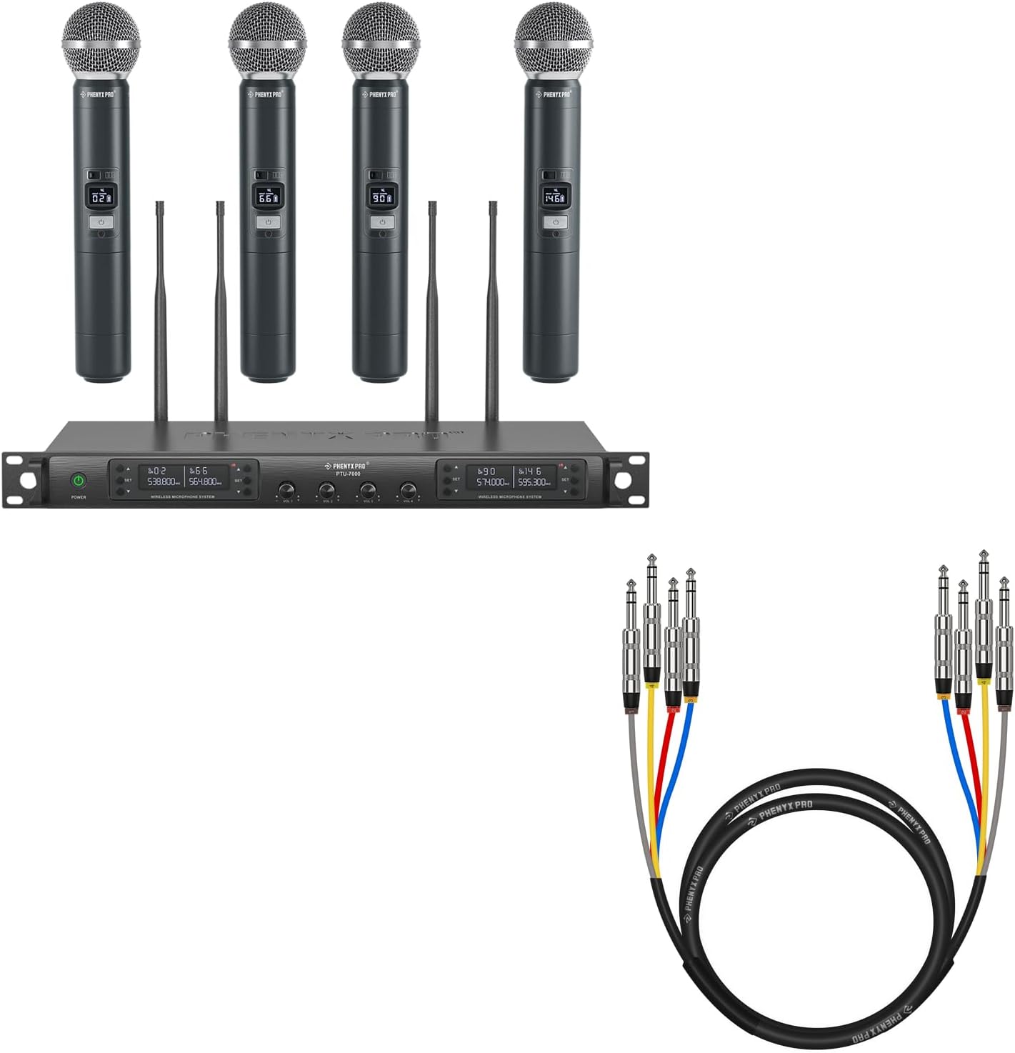 Phenyx Pro Wireless Microphone System PTU-7000-4H Bundle with 4-Channel TRS Snake Cable PCBL-QR4IN1-6