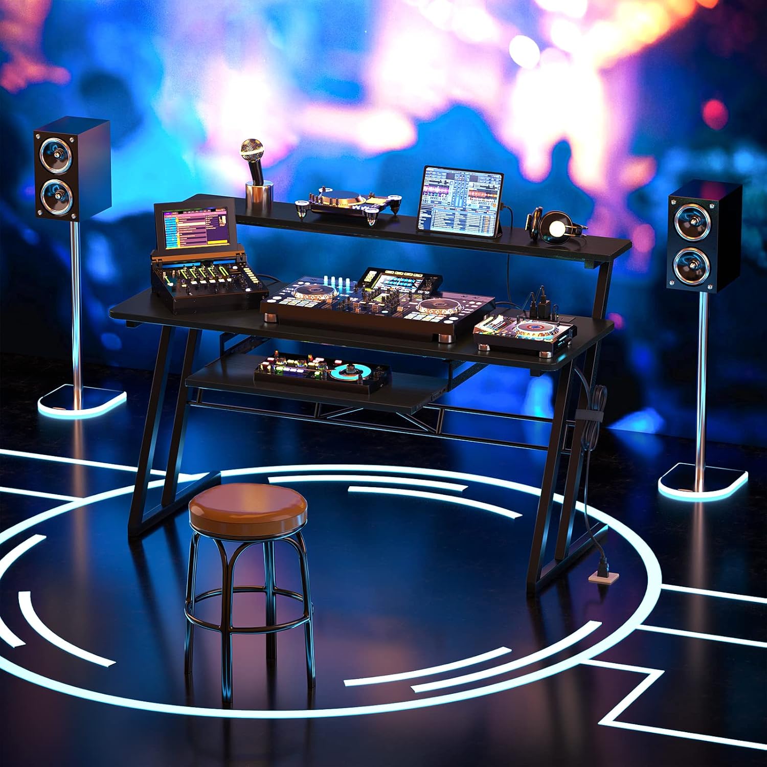 Armocity Music Studio Desk Production Workstation - Recording Studio Desk for Producer with Power Outlet, Studio Workstation for Music Recording, Home Studio Table Desk, Black