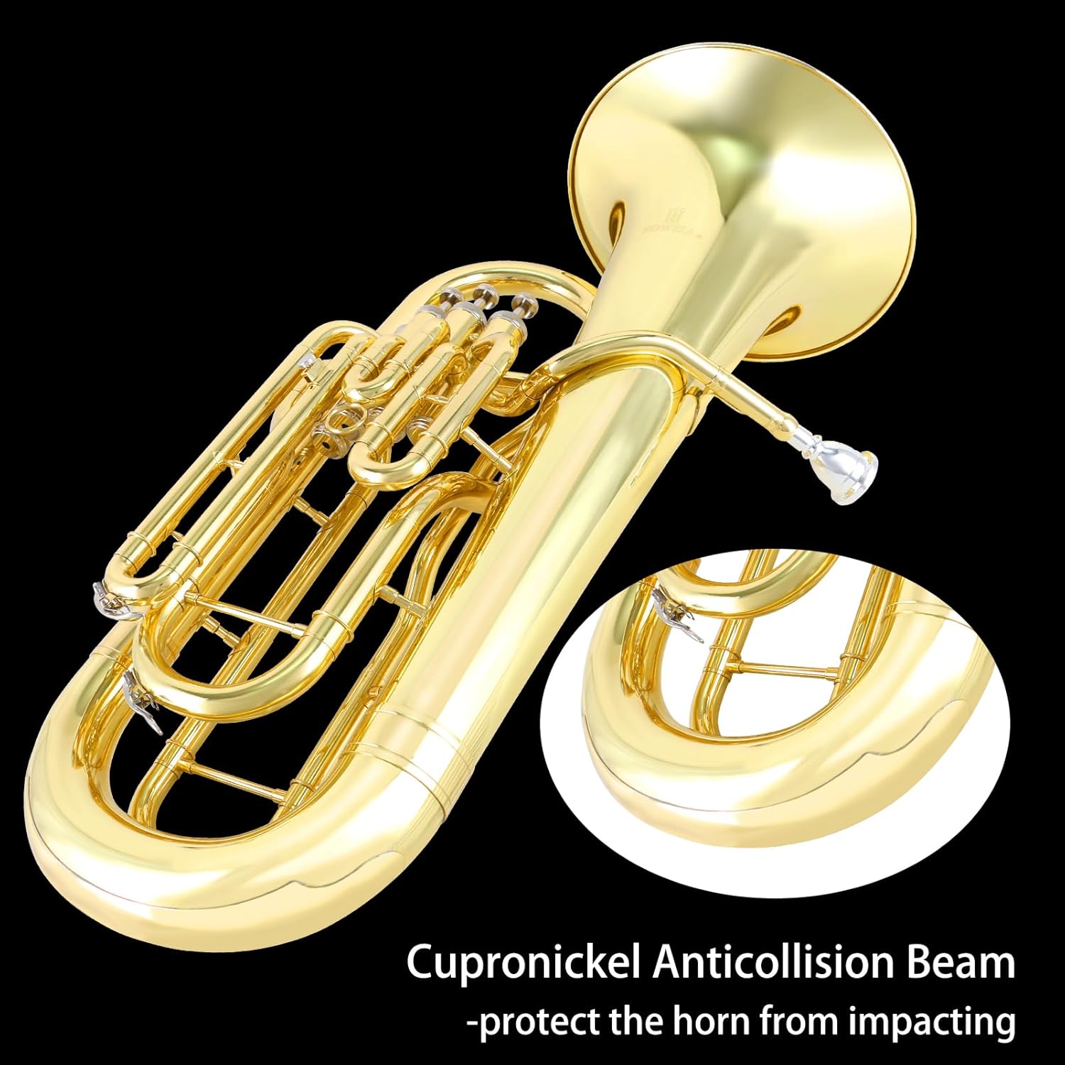 ROWELL Euphonium 4 Valves Bb Brass Lacquer Gold 4 Stainless Steel Pistons Intermediate Advanced Euphonium with Case Gloves and Polishing Cloth