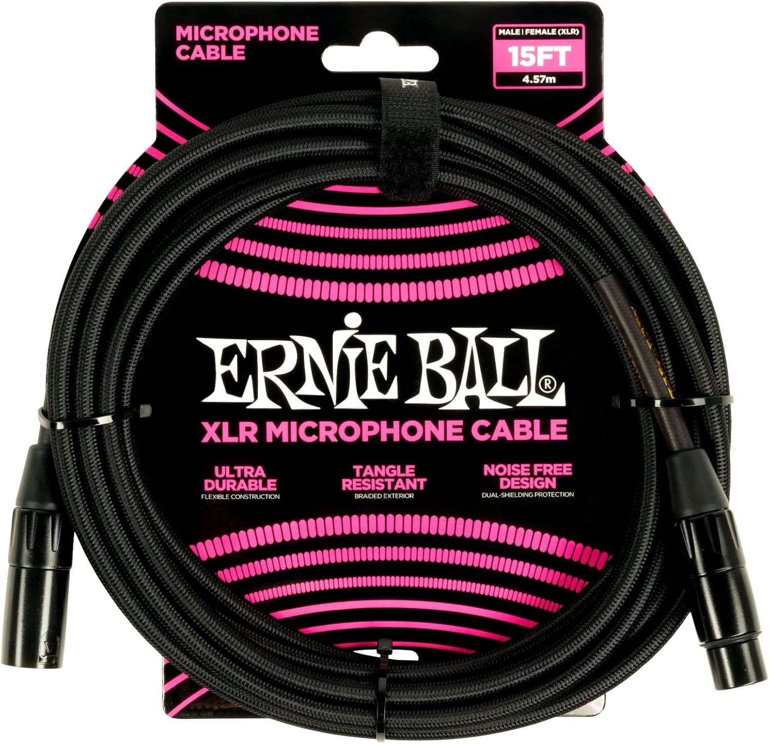 Ernie Ball Braided XLR Microphone Cable with Zorro Polishing Cleaning Cloth in Black - Pack of 2 (Black, 15 Feet) P06391