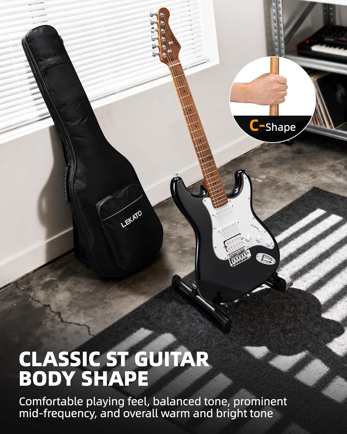 LEKATO Electric Guitar Kit Beginner 39 Inch Full Size Solid Body Guitar HSS for Starter with 5w Mini Amp, Bag, Tuner, Capo, Shoulder Strap, Picks, String, String Winder&Cutter - Black