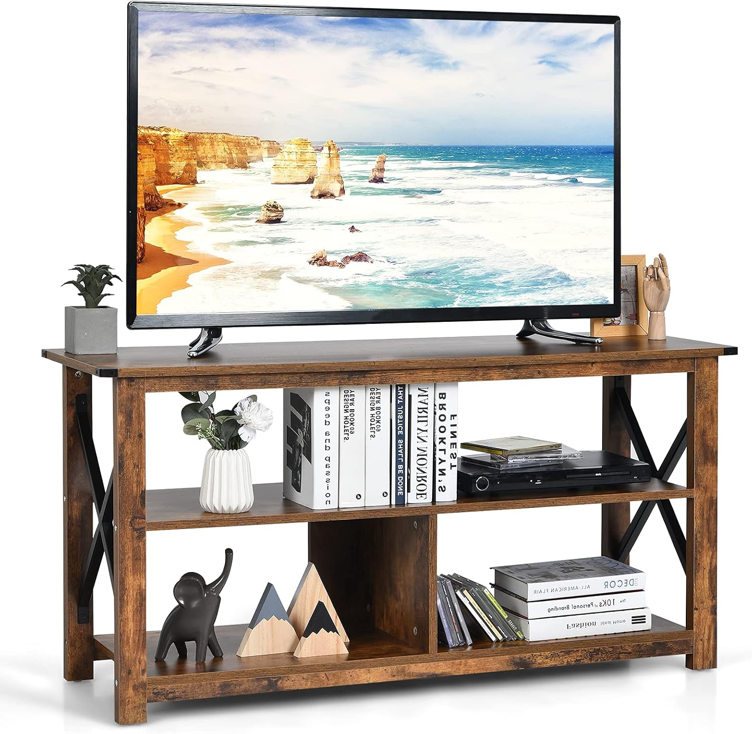 Tangkula Wood TV Stand with Open Shelves and X-Shaped Frame, 3 Tier Entertainment Center for 55-Inch TV, Farmhouse TV Console Table, Open TV Stands for Living Room Bedroom (Brown)