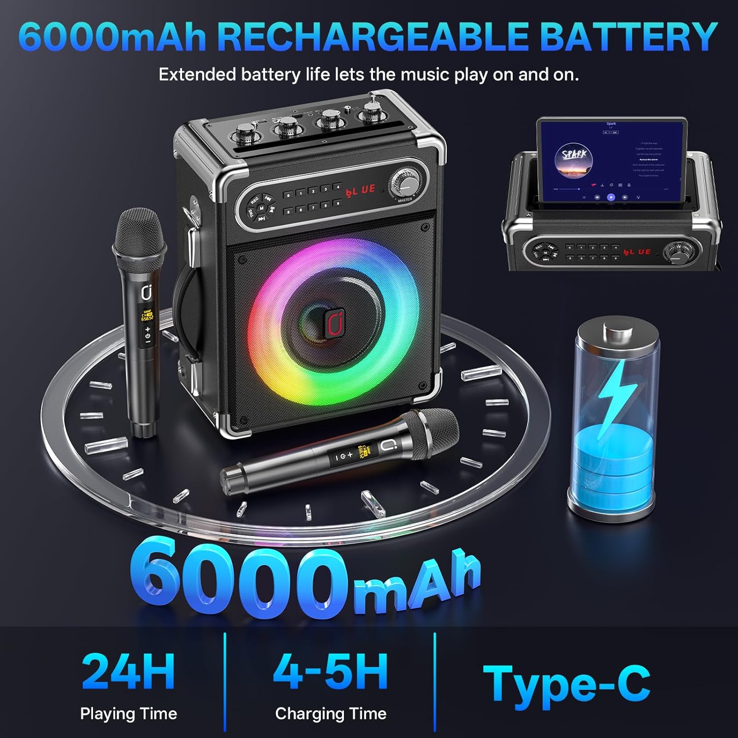 JYX Karaoke Machine, 2 Wireless Microphones, Portable Bluetooth 5.3 PA Speaker with Disco Lights, Smart TV Compatible, Upgraded Subwoofer, Bass Boost & Echo, TF/USB/AUX/FM, Home & Outdoor Party