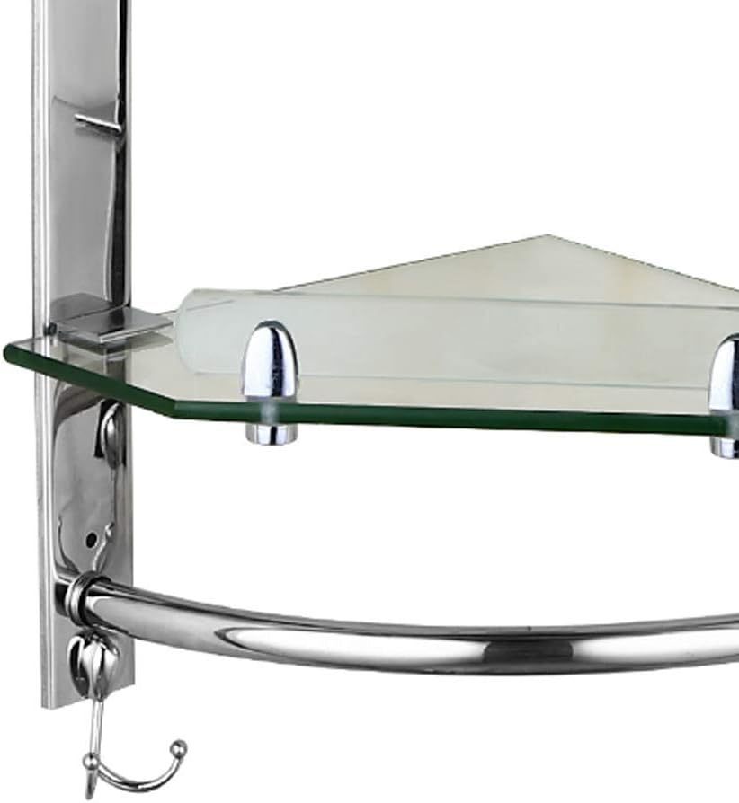 Kitchen Shelf Creative Bathroom Lavatory Double Glass Wall Mount Towel Bar Rustproof Stainless Steel Storage Corner Stand Shower Caddy 2 Tier Bath Organizer Holder with 4 Hooks