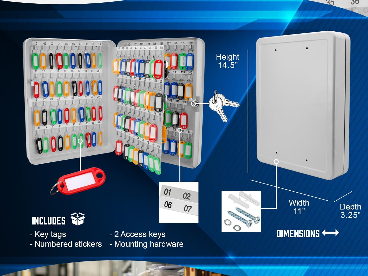Barska 160-Key Organizer Lock Box – Wall Mount Steel Key Cabinet with Numbered Hooks, Color-Coded Key Tags & Secure Lock – Gray