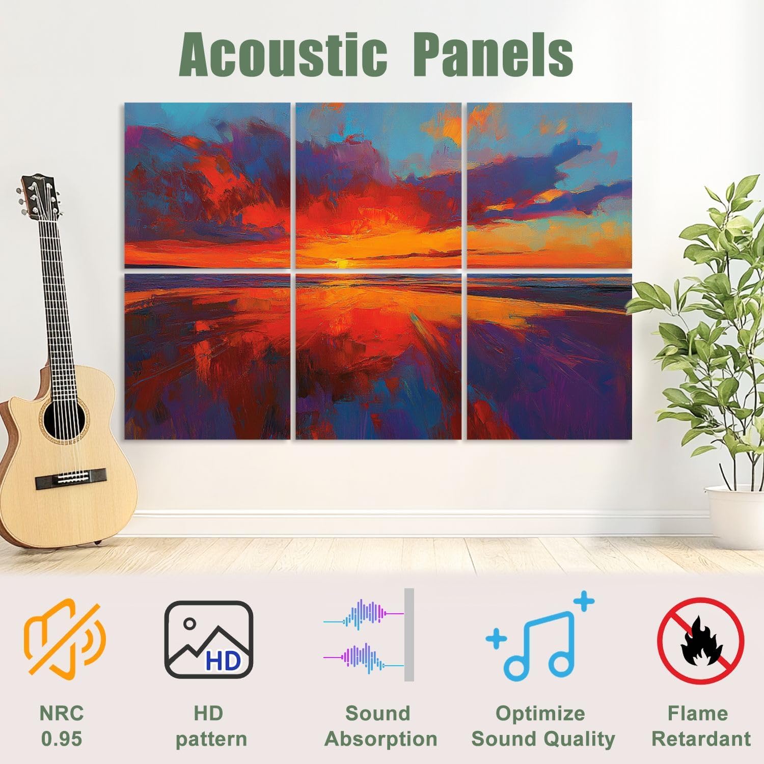 6 Pack Art Acoustic Panels Sound Absorbing Colorful Ocean Sunset Abstract Beach Orange Red Warm Sunrise Large Decorative Soundproof Wall Panels Self Adhesive for Recording Studios Office 72