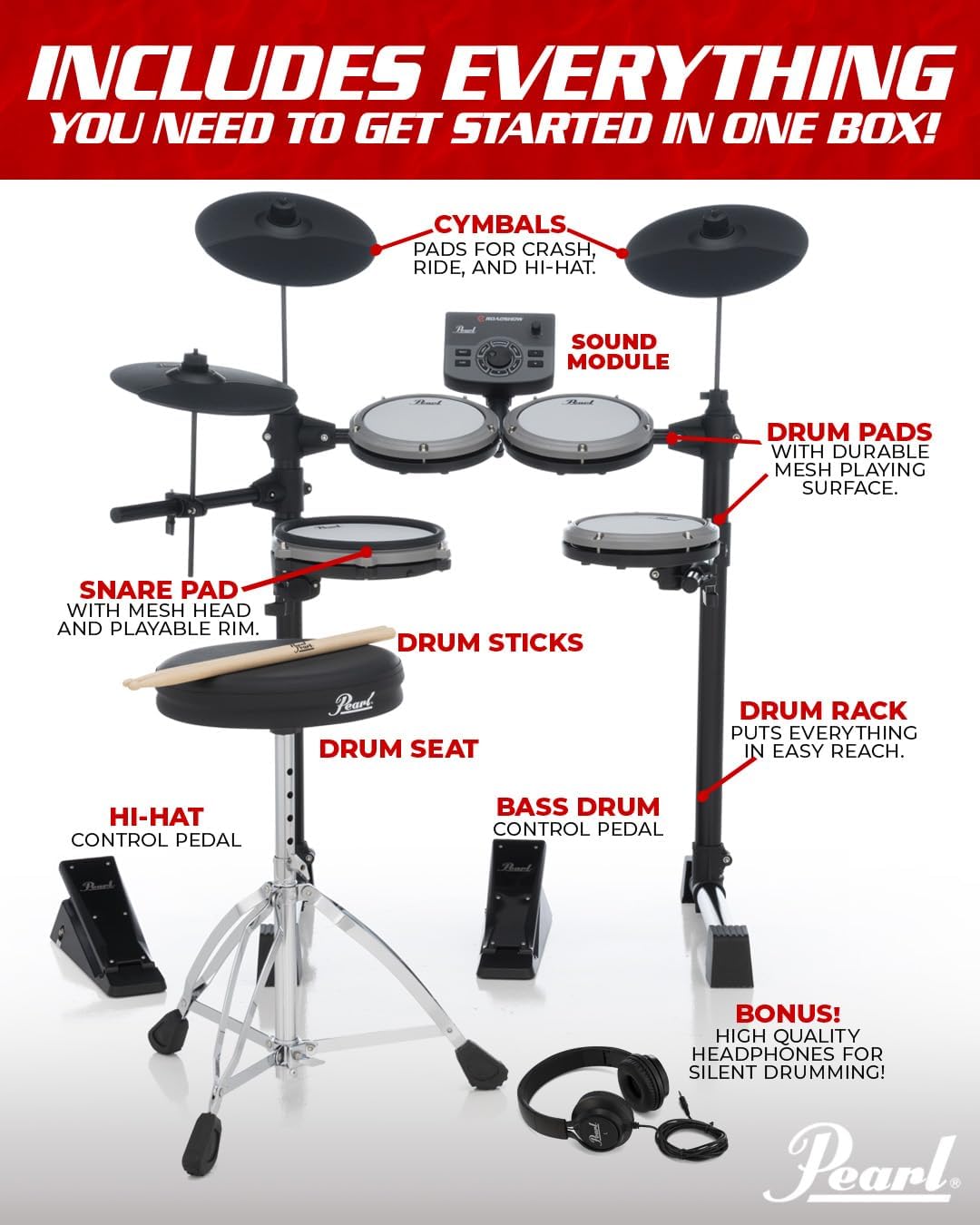 Pearl ERS1000 eRoadshow Electronic Drum Set, Complete Kit with Four Quiet Mesh Pads, Two Pedal Controllers, Cymbal Pads, Throne, Drum Rack, Headphones, and Sticks