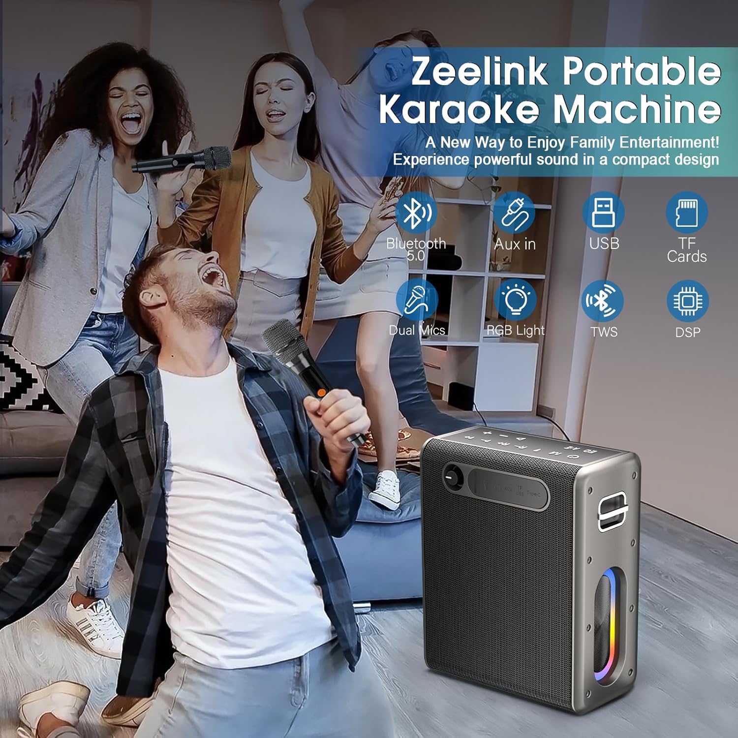 Karaoke Machine for Adults & Kids, Bluetooth Speaker Portable with 2 Wireless Microphones, Bass/Treble Adjustment, Remote and LED Light, PA System Support AUX/USB/TF for Home Party