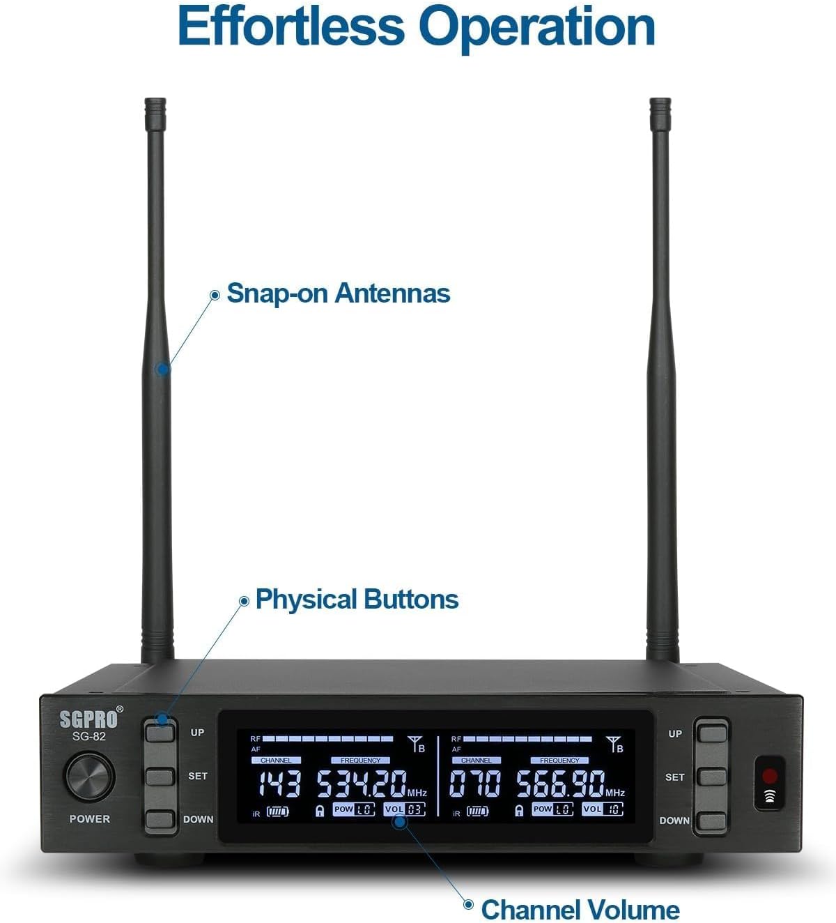 Dual Wireless Microphone System - Metal Handheld Mics & Receiver, Adjustable UHF Channels 520-590 MHz Range, Antenna Diversity, Ideal for Professional Audio and Events