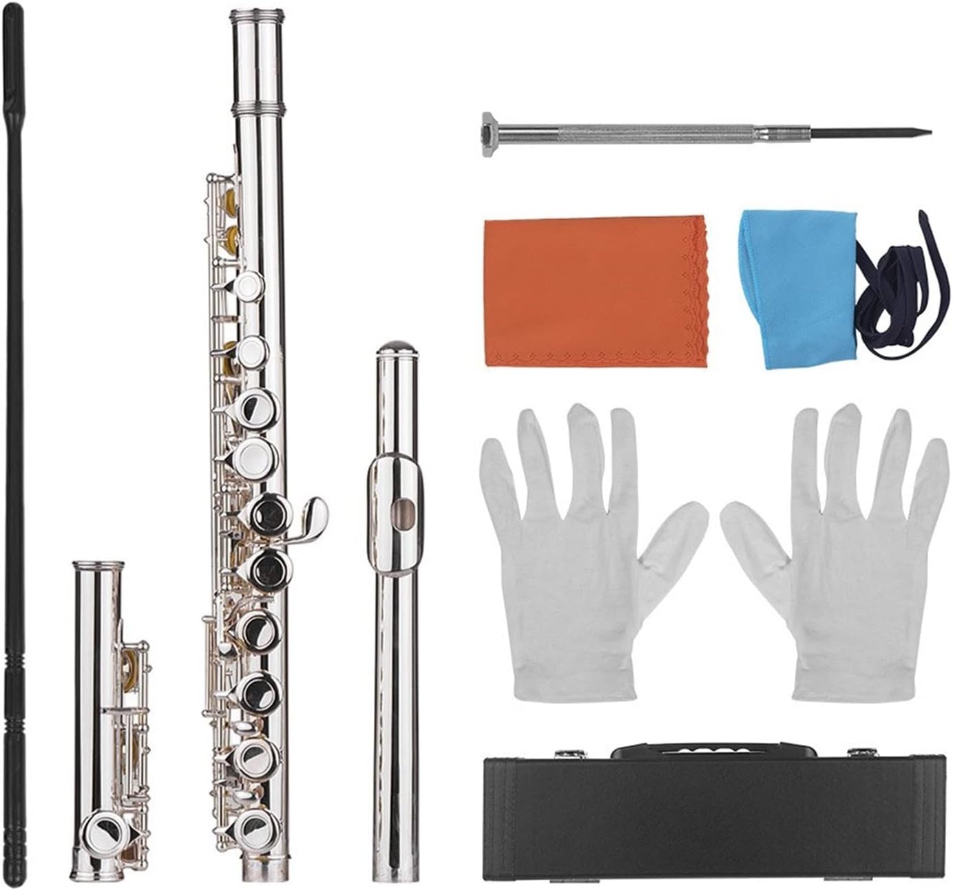 Flute Musical Instrument Woodwind Instrument 16 Holes Closed Hole Flute C Key Concert Flutes Cupronickel Silver Plated with Cleaning Cloth Starter Flute