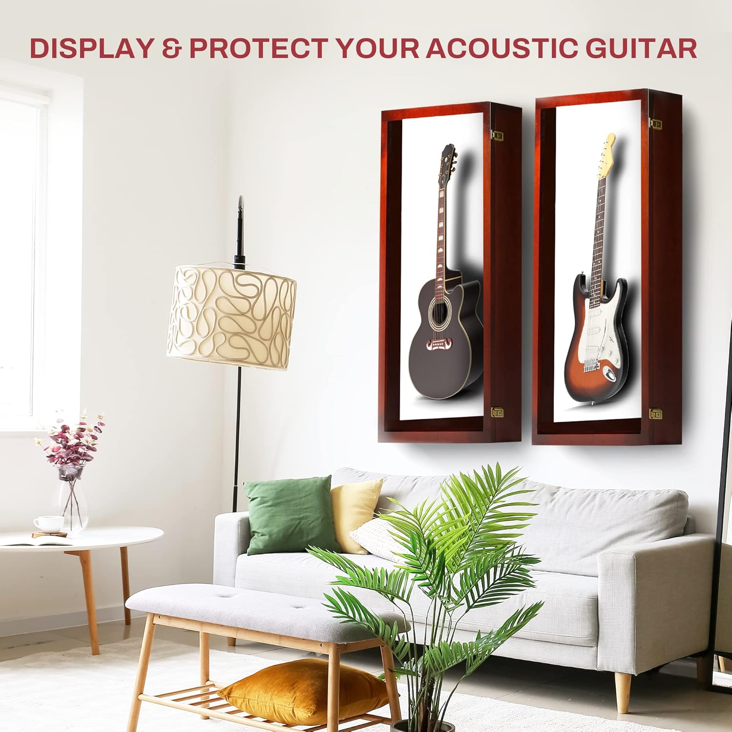 PENNZONI Extra Large Acoustic Guitar Display Case - Wall Mount Display Case for Acoustic/Electric Guitars - Ultra Clear Acoustic Guitar Solid Wood Frame Display Case | Cherry, White Felt
