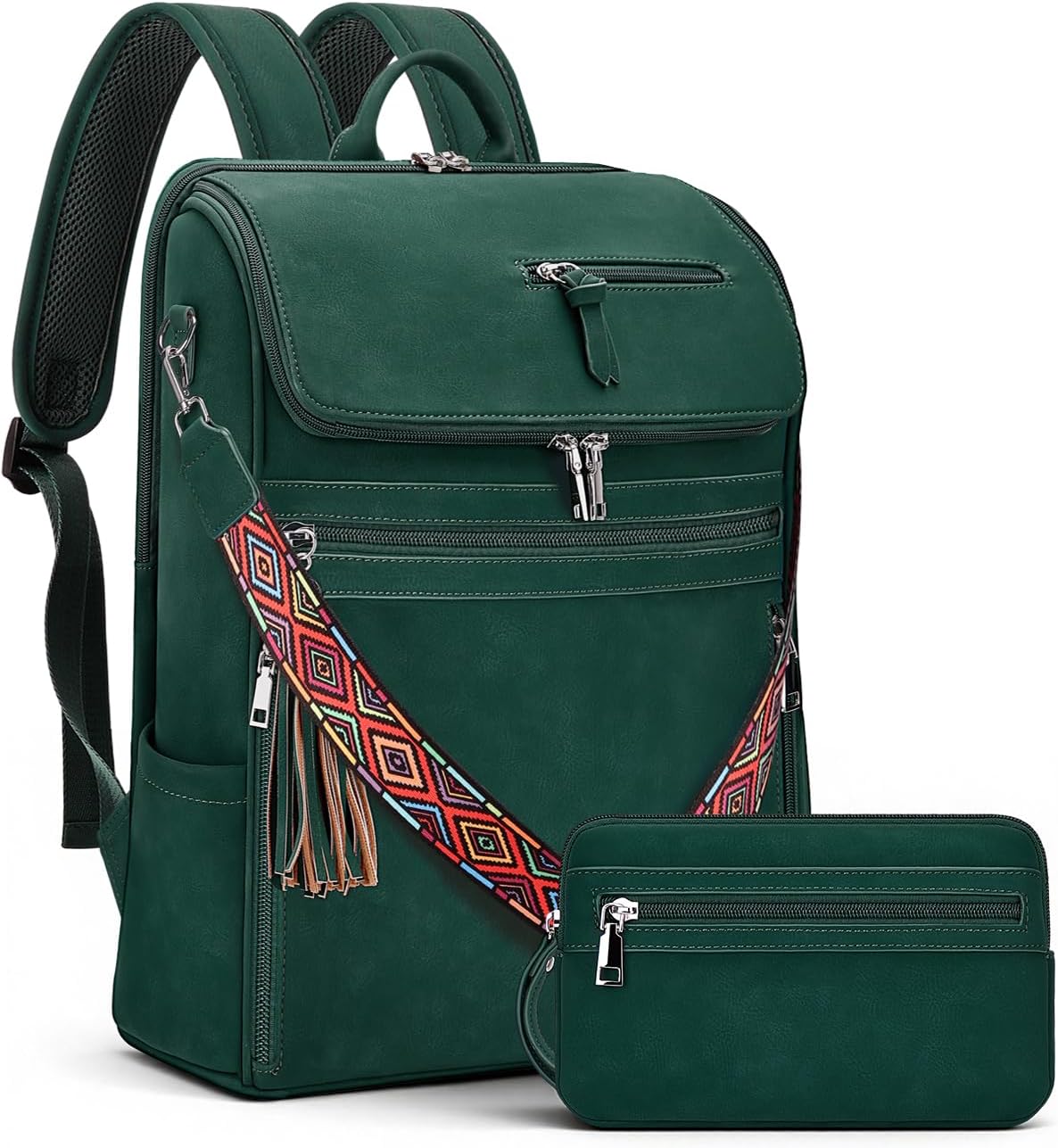 Leather Laptop Backpack for Women Designer Laptop Bag, 16.5 inch Travel Computer Backpacks Purse with Tassel for Work Business with Satchel Purse Green