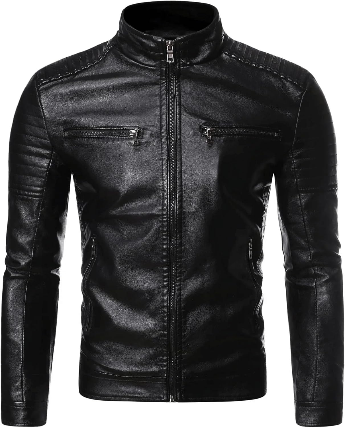 Men's Stand Collar Leather Jacket Motorcycle Lightweight Faux Outwear Racing Jackets Motocross