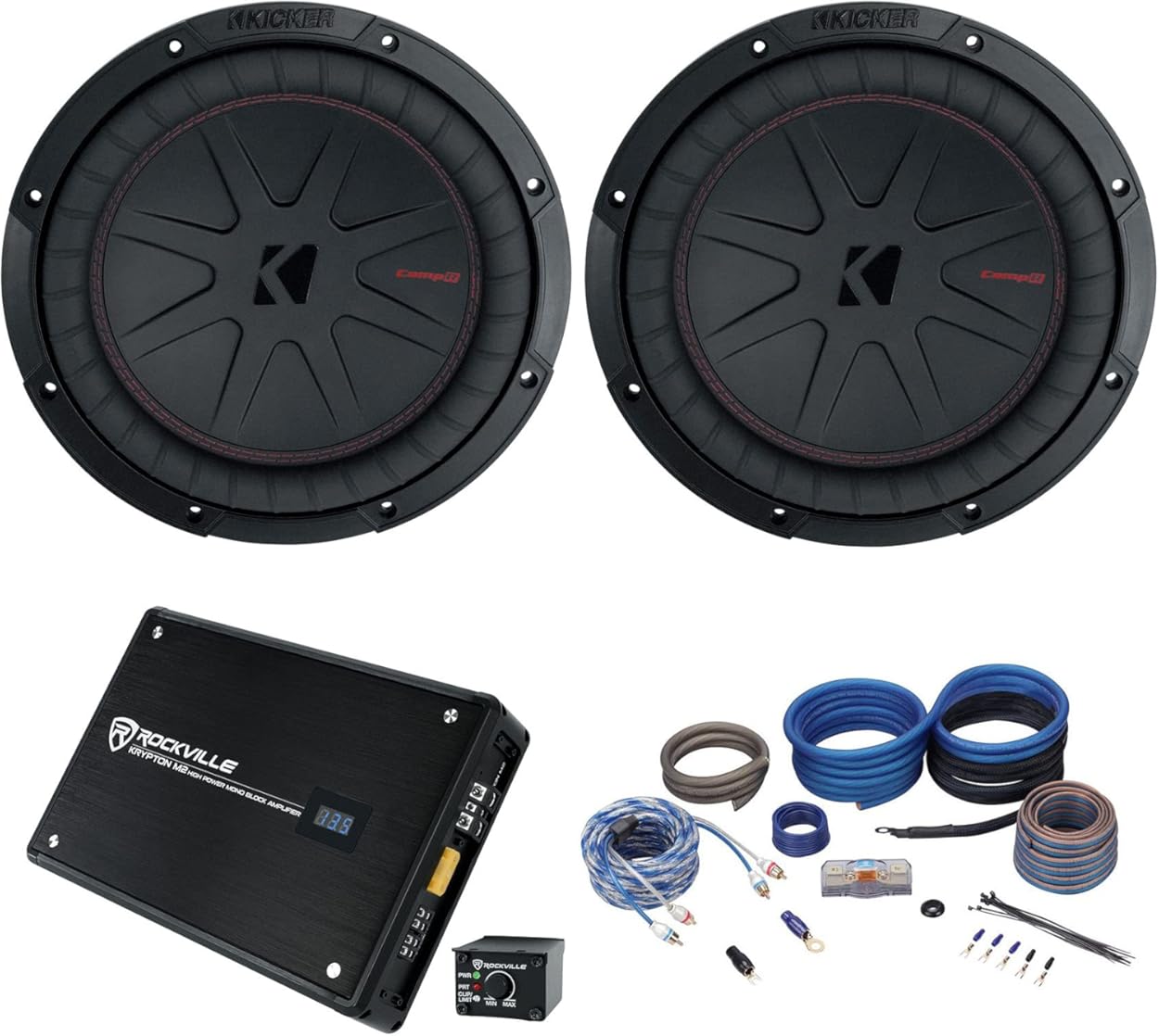 KICKER 48CWR104 COMPR10 10 inches 1600 Watt Subwoofers Bundle with Rockville RXD-M2 3000 Watt Peak750w CEA RMS Mono 1 Ohm Amplifier Car Audio Amp, ((2) 48CWR104+RXD-M2+RWK4CU)