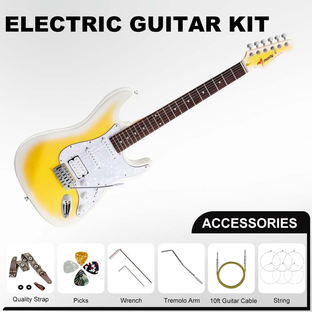 39in Electric Guitar Kit, Full Size Beginner Electric Guitar Starter Kit, Solid Body HSS Pickup with Guitar Strap, Cable, Picks, Strings (LemonBurst)
