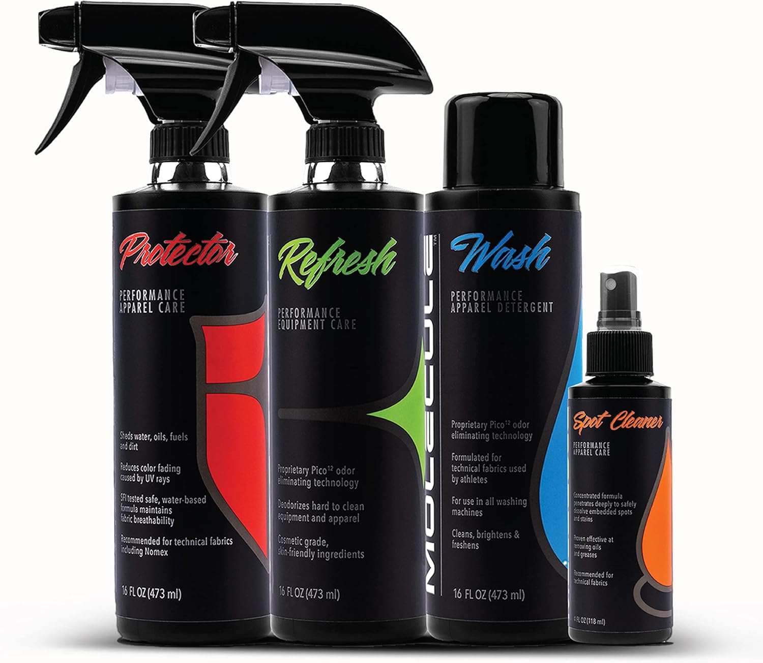 Molecule Complete Care Kit | Performance Apparel Care |16 Ounce Wash, Refresh, and Protector | 4 Ounce Spot Cleaner | Cleans, Protects, and Deodorizes Race Suits | Removes & Repels Stains | 1 Kit
