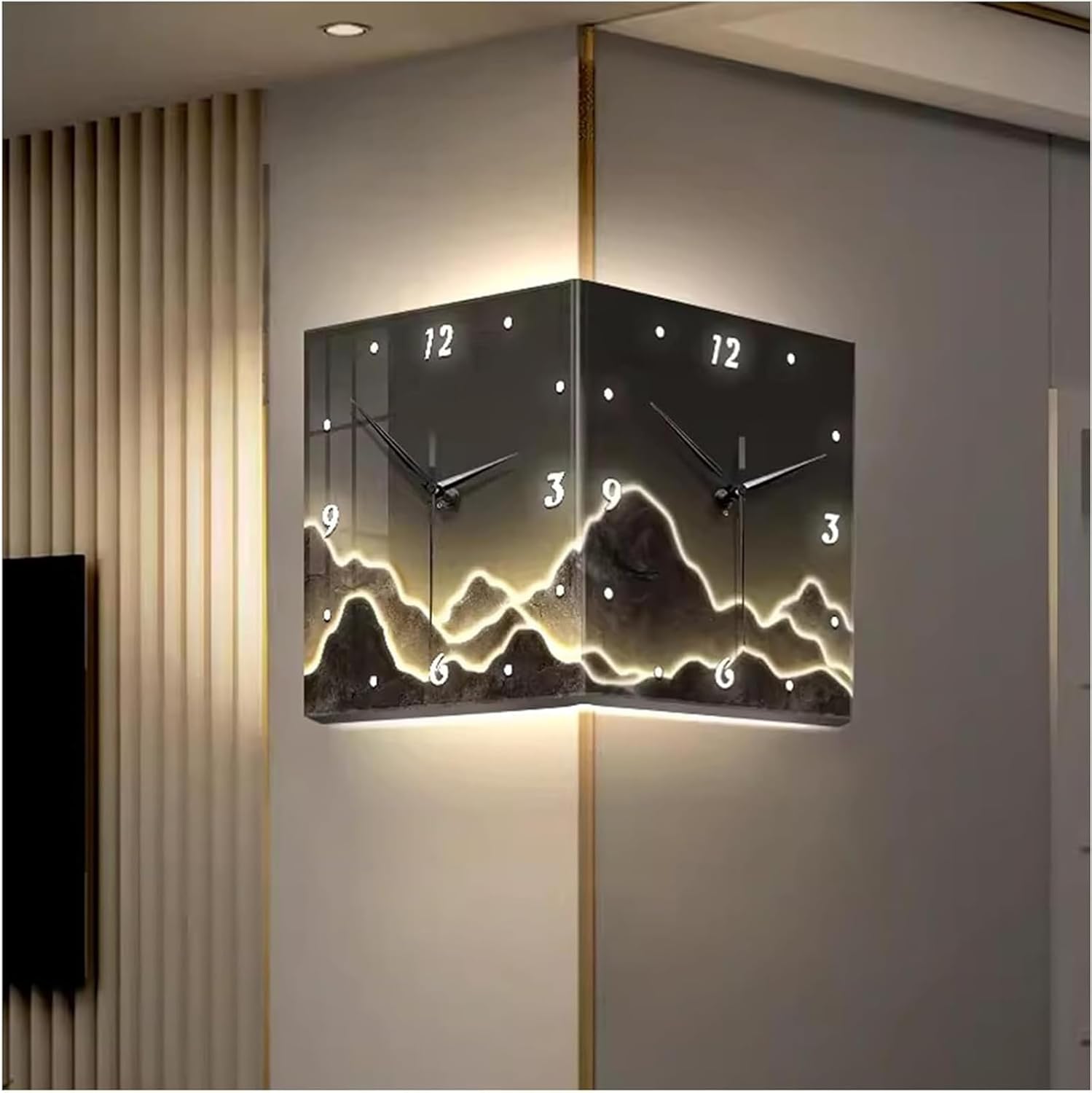10in,Double-Sided Wall Clock, Punch-Free Corner Clock Wall Mount, Modern Corner Wall Clock with Light for Living Room Decor, Mountain Scenery Wall Mounted Angle Clock