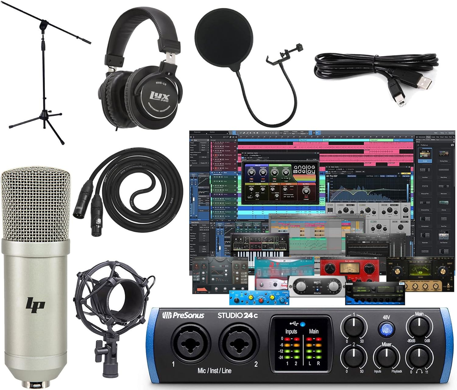 PreSonus Studio 24c USB-C Audio/MIDI Interface Recording Bundle w/LyxPro Cardioid Condenser Mic, Pop Filter, Shockmount, XLR Cable, Metal Stand, Studio Headphones & Studio One Artist Software
