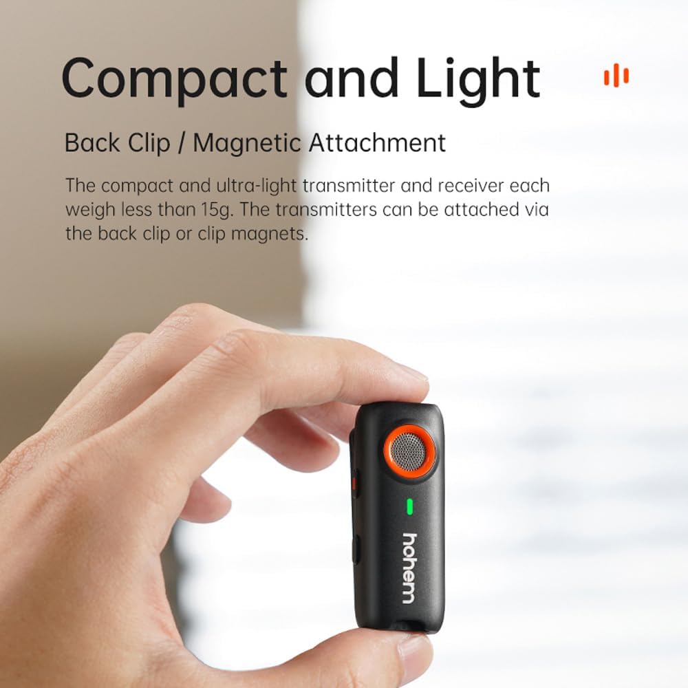 hohem MIC-01 Wireless Lavalier Microphone, 3-Level Noise Cancelling Built-in TF Card Slot Remote Shutter Control Clip On/Magnet Mic for Smartphone Camera Laptop Tablet