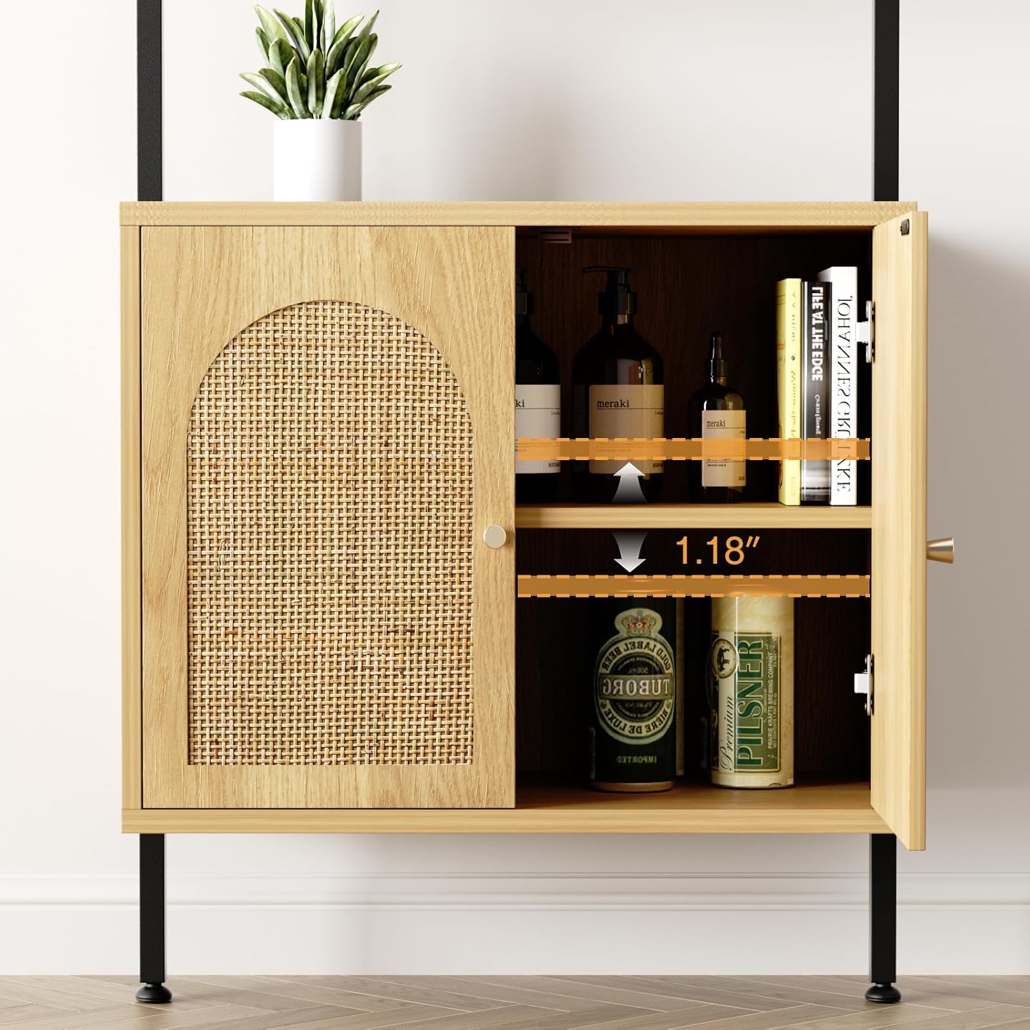 3 Tier Ladder Bookshelf with Rattan Cabinet, Open Bookshelf with Cabinet, Wall Mount Bookcase with Metal Frame for Home Office, Bedroom, Oak