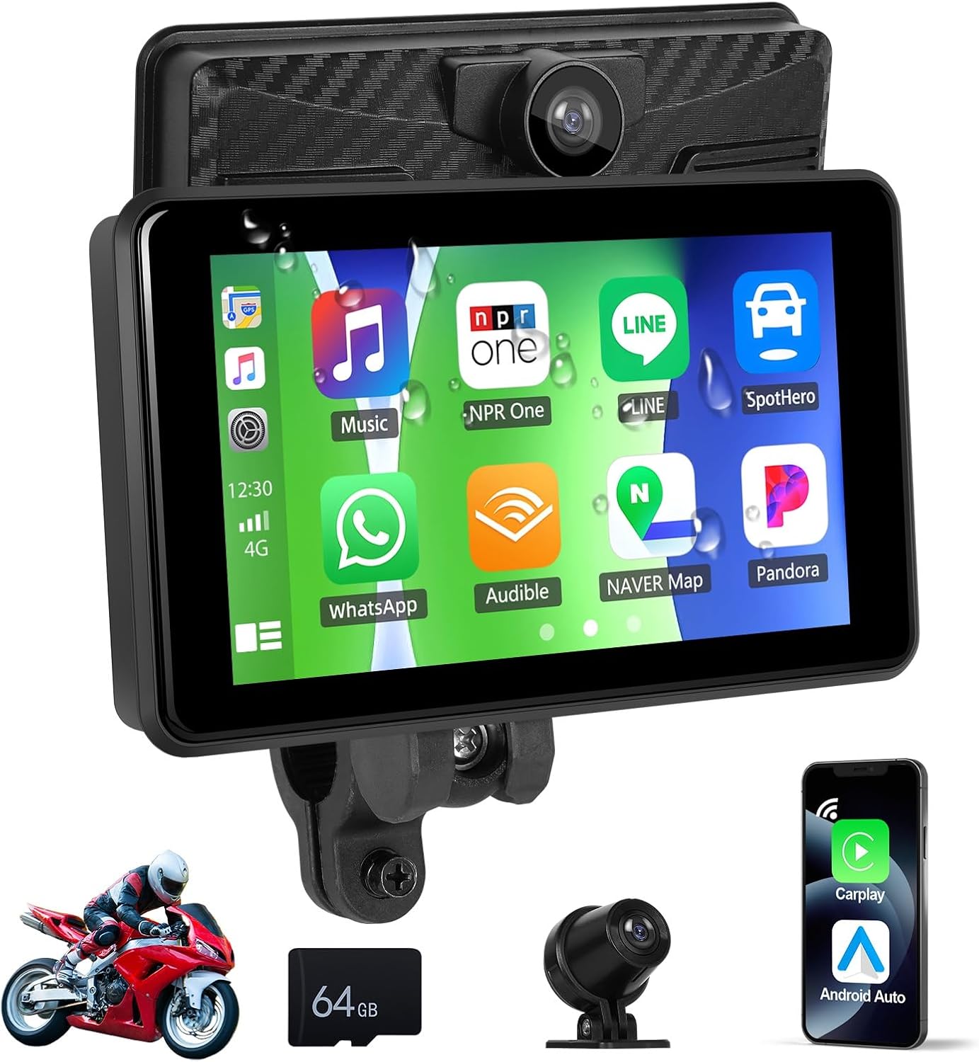CAMECHO Motorcycle Carplay Screen with 2K Dash Cam/HD Rear Camera, Wireless CarPlay Android Auto for Motobike 5
