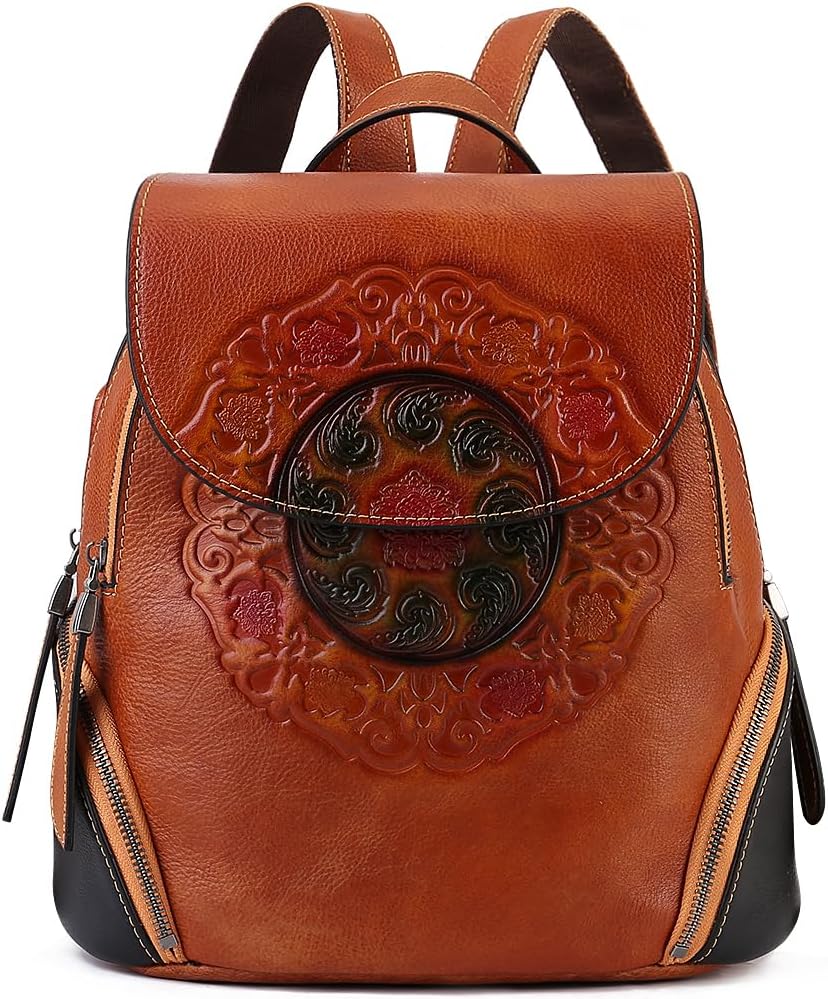 Small Travel backpack purse for women Genuine Leather Anti Theft Backpack with USB Charging Port Fashion Vintage Embossed Totem Backpacks Brown