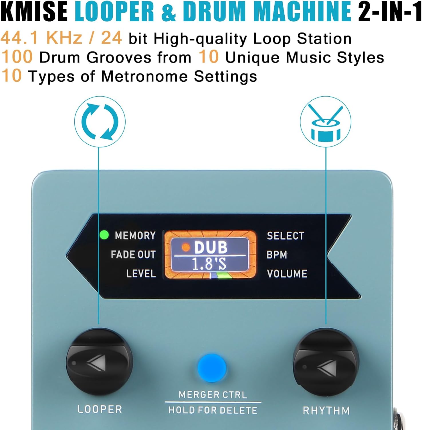 KMISE Loop Pedal & Drum Machine 2-In-1,Stereo Guitar Looper Pedal with 100 Styles Drum Grooves, 40 Slots 160 Mins Looper Recording Capacity, Support Import/Export in Editor Software. DC 9V/300 mA