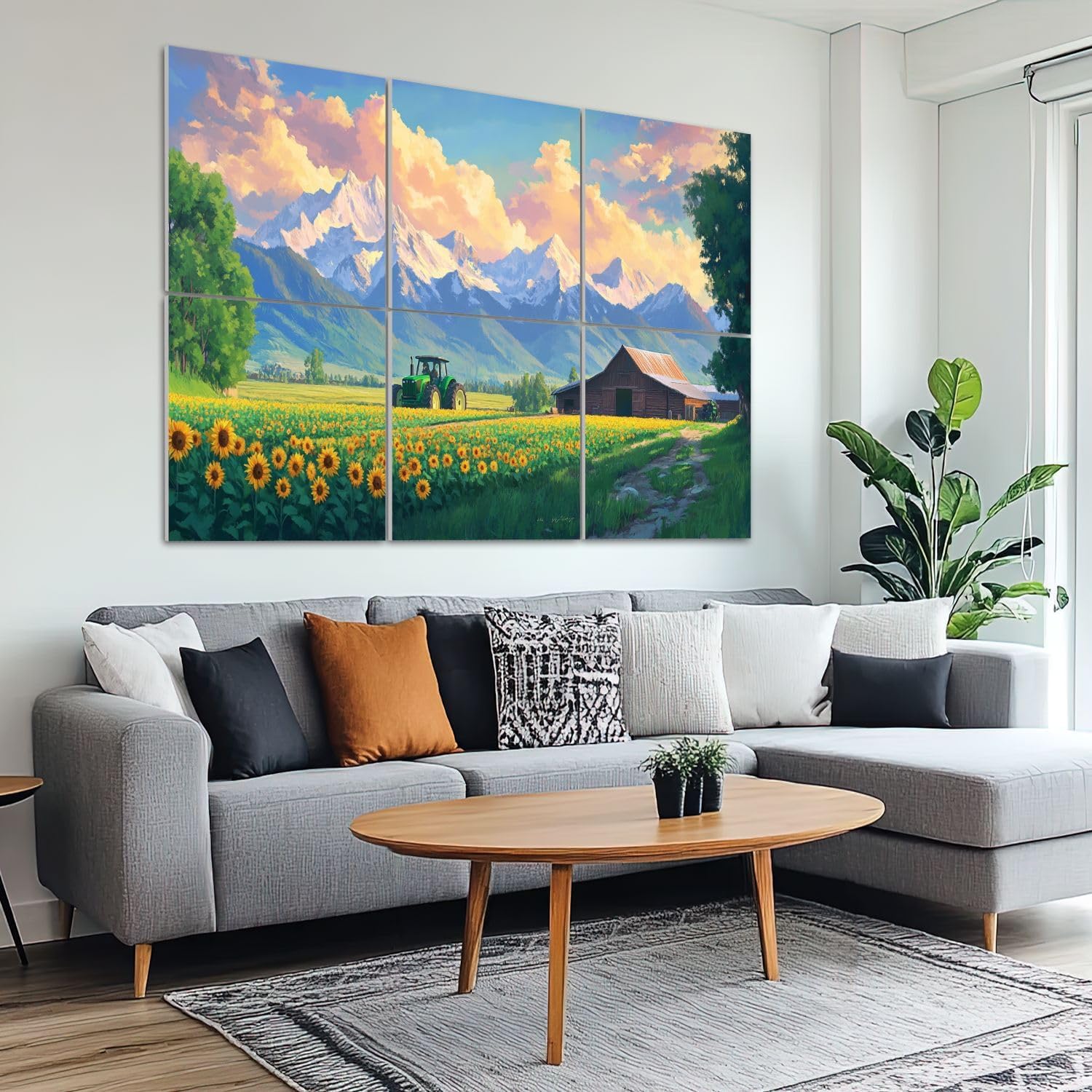 6 Pack Art Acoustic Panels Sound Absorbing Rural Scenery Sunflowers Farmhouse Tractor Mountains Clouds Realistic Decorative Soundproof Wall Panels Self Adhesive for Recording Studios Office 72