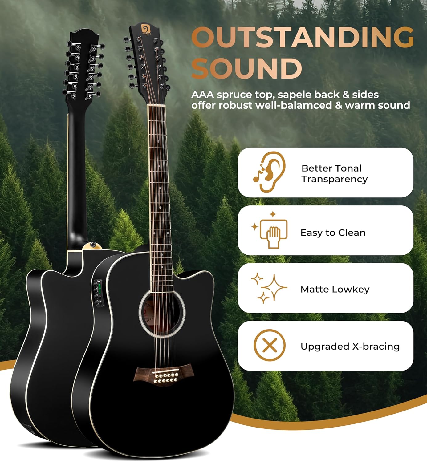 Vangoa 12 String Guitar Acoustic Electric, Upgraded Guitar 12 Strings Bundle for Beginner Intermediate Adults Teens, Guitarra de 12 Cuerdas, Spruce Top Bone Nut, Black, Matte
