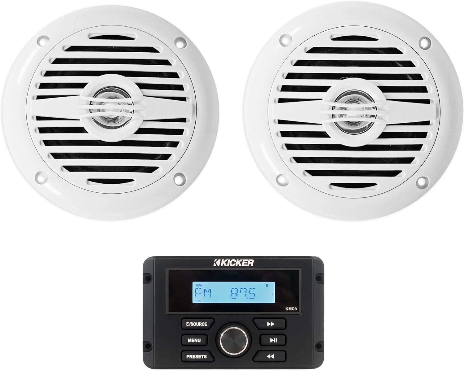 Kicker KMC3 Marine Digital Media Gauge Receiver w/Bluetooth/USB for Boat/ATV/UTV Bundle with Pair Rockville MS40W White 4