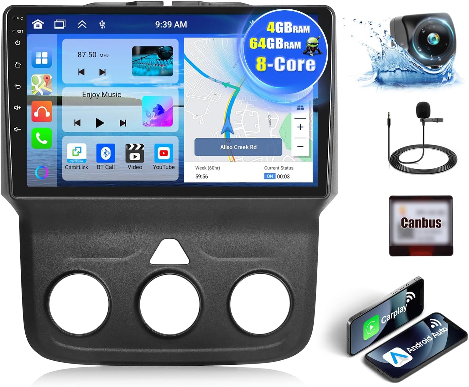 4G+64G 8-Core Car Stereo for Dodge Ram 1500 2500 3500 Radio 2013-2018 with Wireless CarPlay Android Auto 9