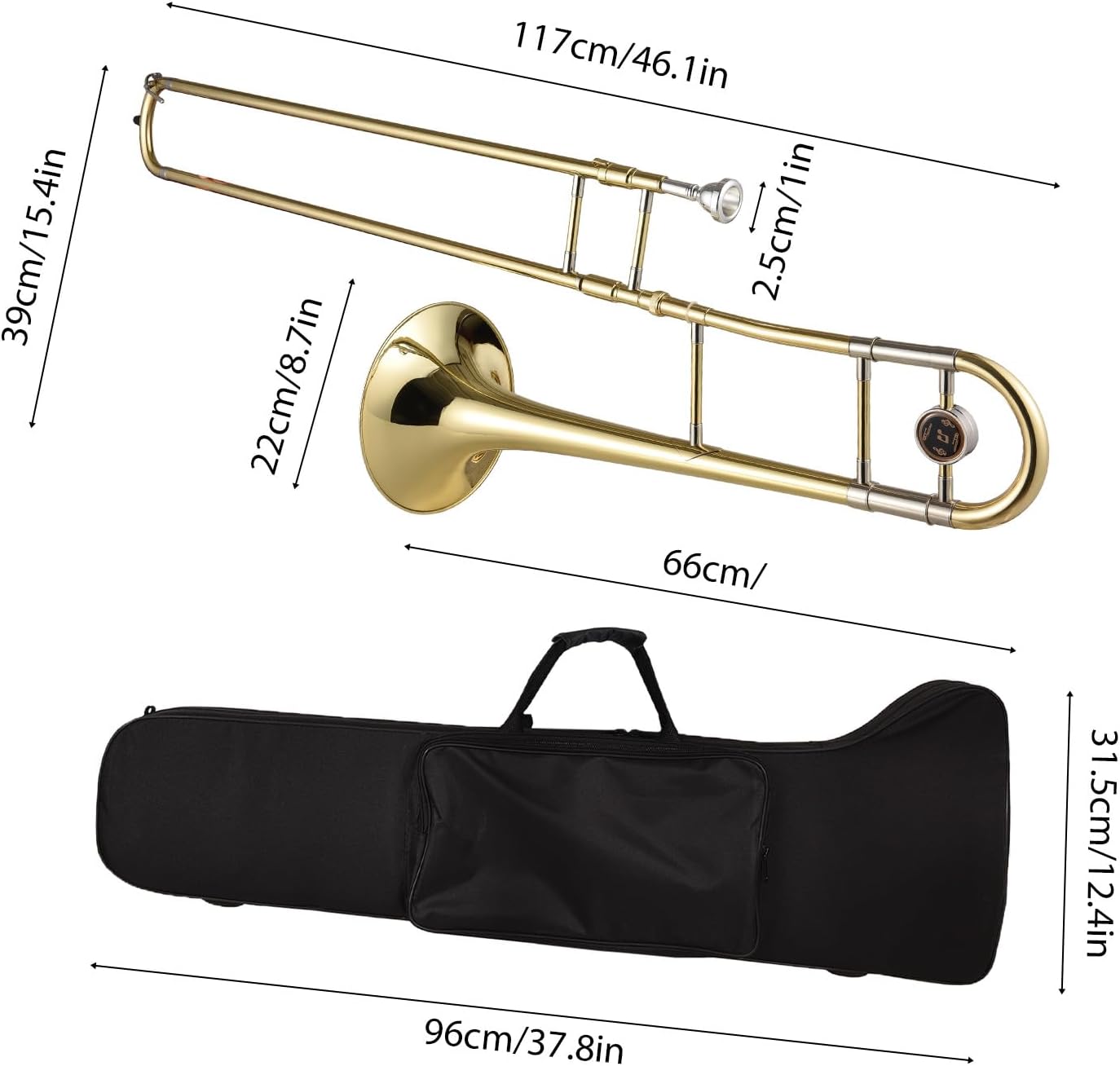 Bb Tenor Trombone for Beginners Students Brass Plated Trombone Instrument Bb Tenor Slide Trombone with Mouthpiece Carrying Case White Gloves Cleaning Cloth