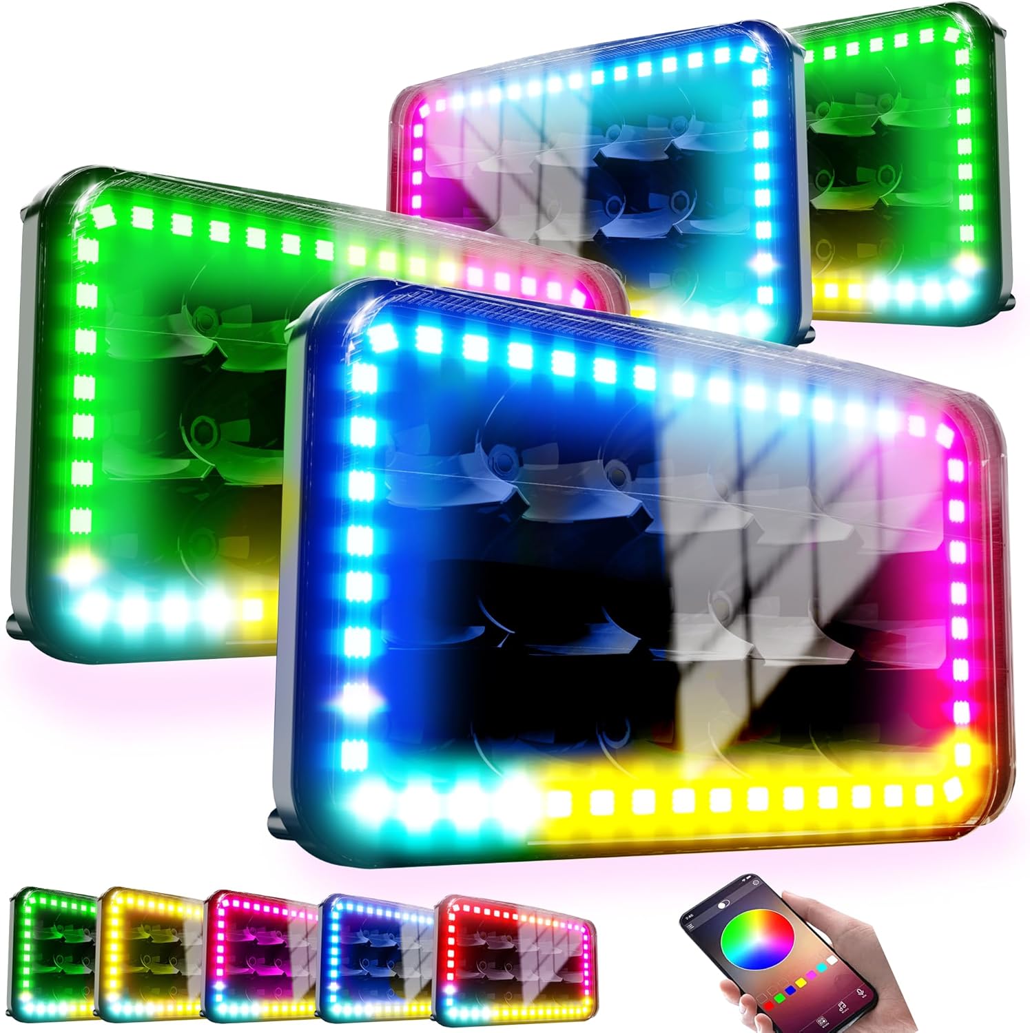 ROLINGER 4PCS Off Road Plug and Play Sealed Beam LED Light H4651 H4652 H4656 H6545 4X6 LED Lights with RGB Halo Function Rectangular Off-Road Lights for Peterbilt Kenworth Freightliner