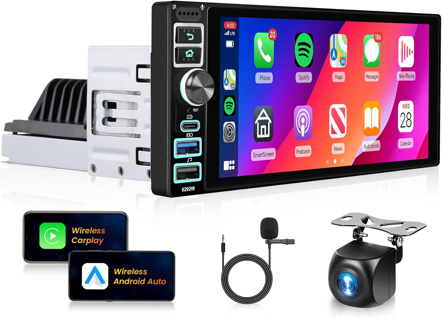 Android Single Din Carplay Car Stereo 【2+64G】 Wireless Carplay Android Auto,6.9 inch IPS Touch Screen Radio,Single Din Car Stereo with CarPlay Android15/GPS/WiFi/EQ/UI/Bluetooth/SWC/Backup Camera&Mic