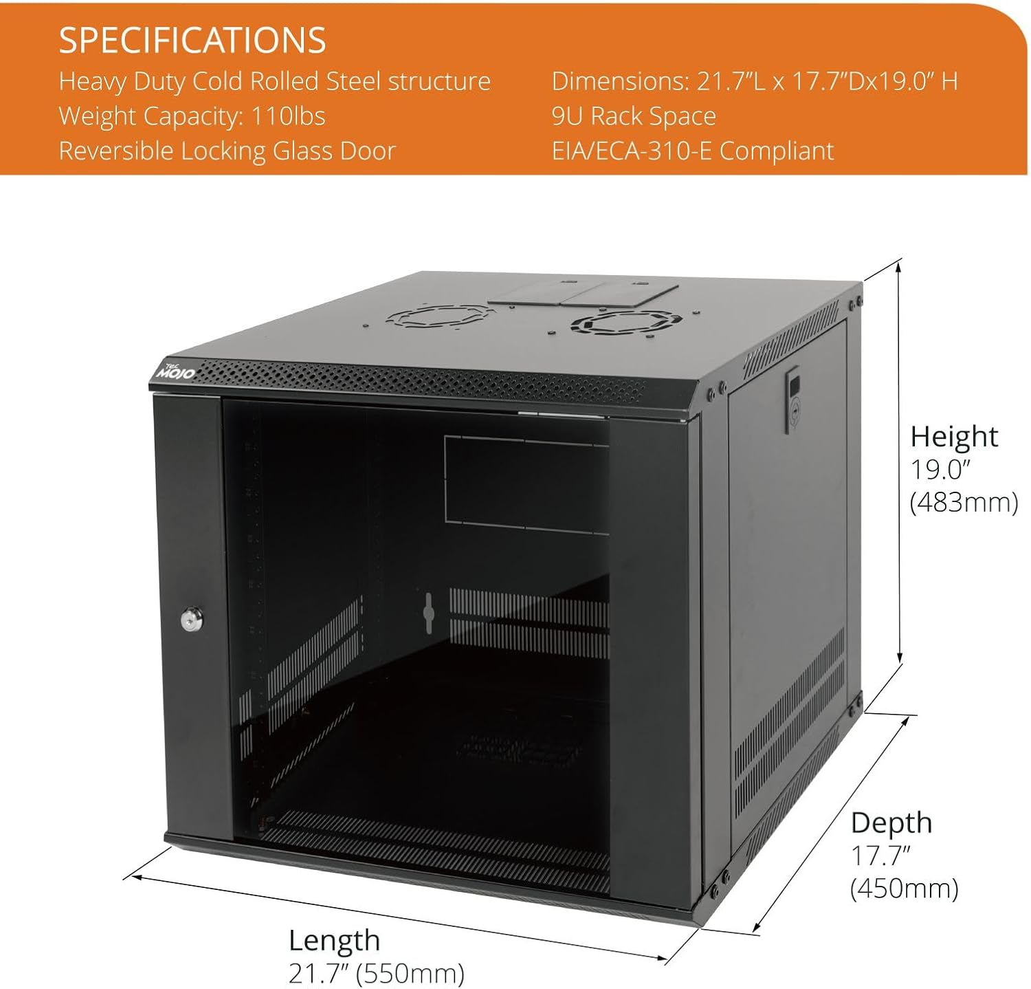 Tecmojo 9U Wall Mount Server Cabinet IT Network Rack Enclosure Lockable Door and Side Panels Black,Cooling Fan, Glass Door, 17.7inch Depth,for 19” IT Equipment, A/V Devices
