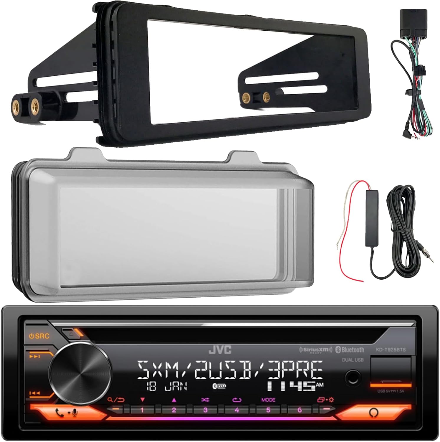 JVC KD-T925BTS Single DIN Bluetooth USB/AUX LED/CD AM/FM SiriusXM Ready Stereo Amazon Alexa Receiver W/Stereo Install Kit + Weather Shield Receiver Cover, 12V Signal Reception Amplifier Booster Kit