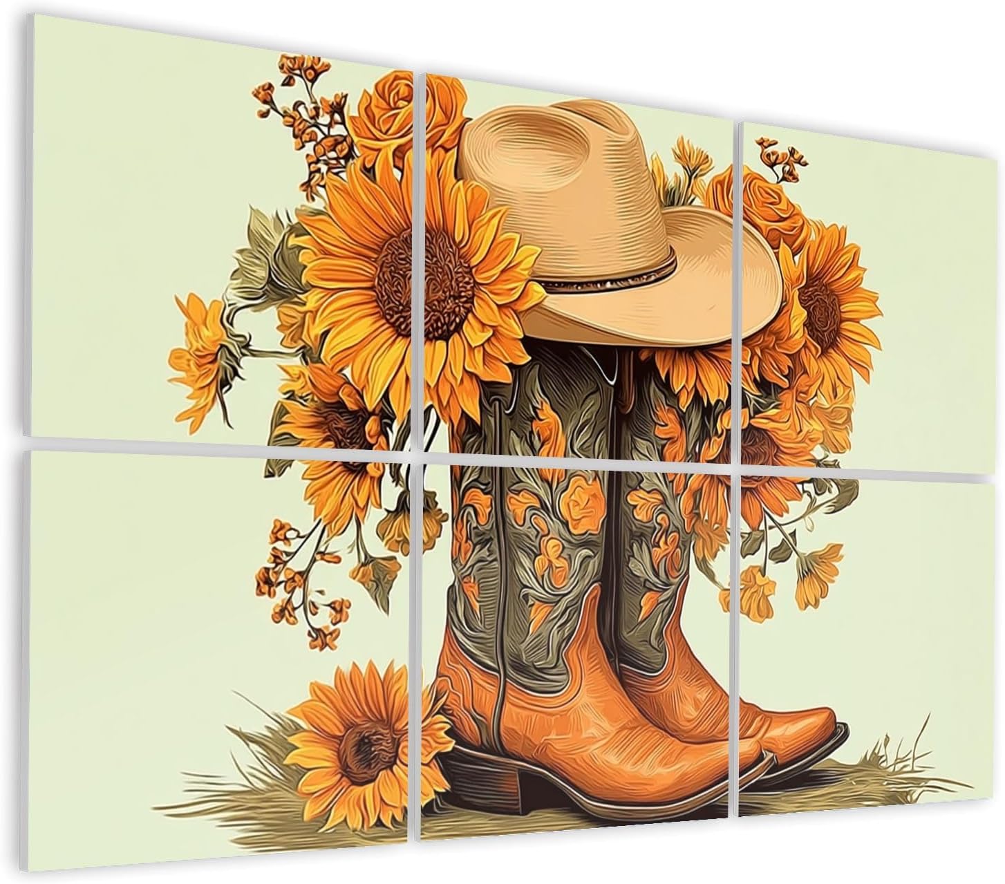6 Pack Art Acoustic Panels Self Adhesive Cowboy Boots Sunflowers Hat Rustic Style Decorative Soundproof Wall Panels Sound Absorbing Panel 48
