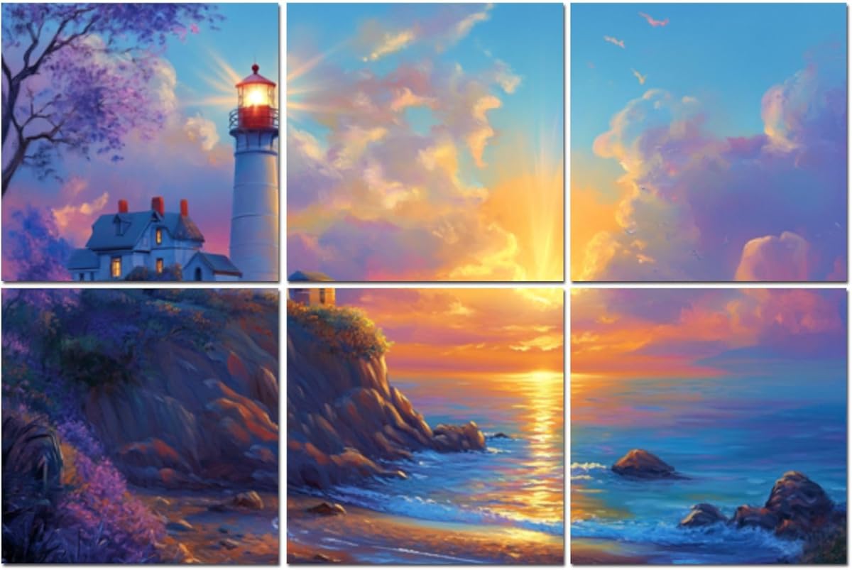 6 Pack Art Acoustic Panels Lighthouse Sunset Impressionist Style Soundproof Wall Panels, 48