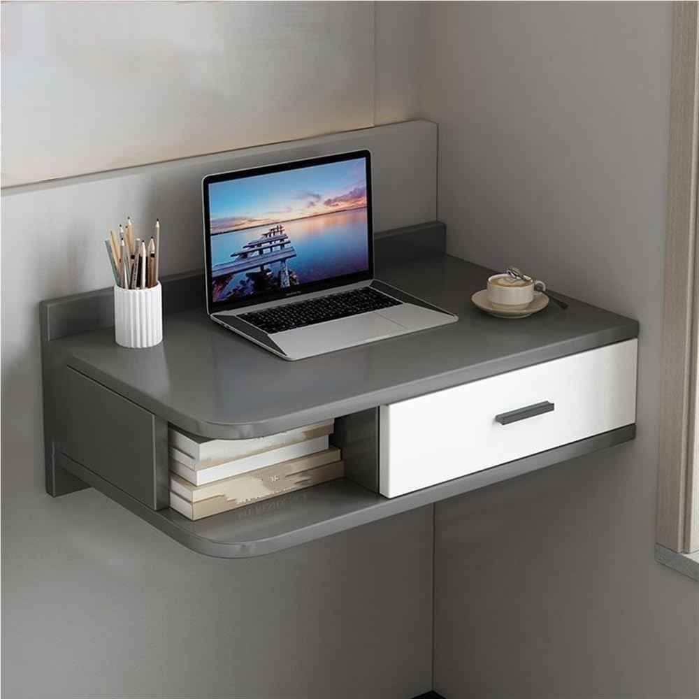 Floating Wall Mount Computer Desk, Wooden Floating Shelf with Drawer, Modern Vanity Desk for Bedroom, Living Room, Office(Gray,23.6x15.7x9.8in)
