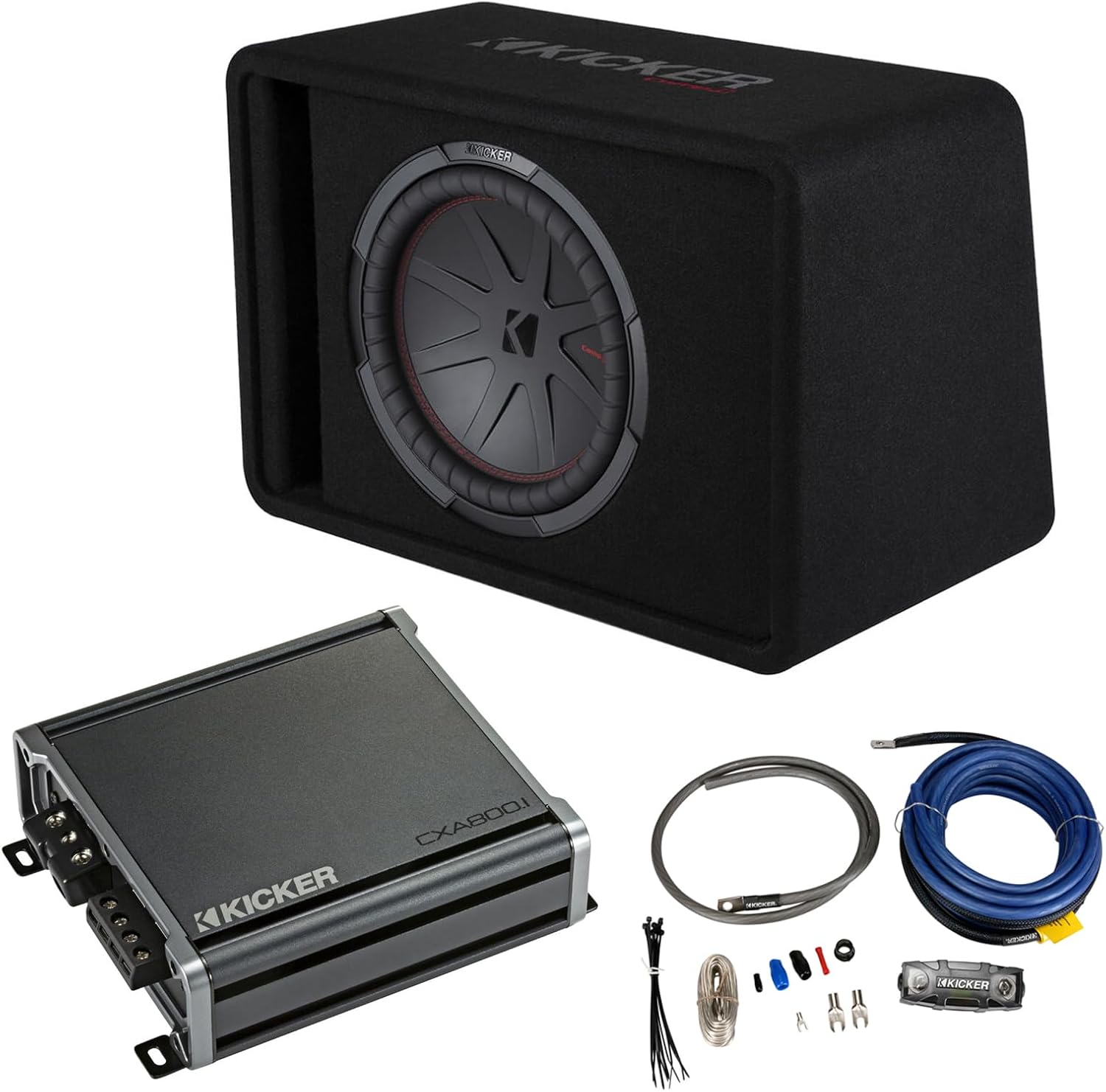 Kicker 48VCWR122 CompR Series 500W RMS 2 Ohm Vented Loaded Subwoofer Enclosure, 46CXA8001 Car Audio Class D Amp Mono 1600W Peak Sub Amplifier and PK4 Four Gauge Single Amplifier Power Installation Kit