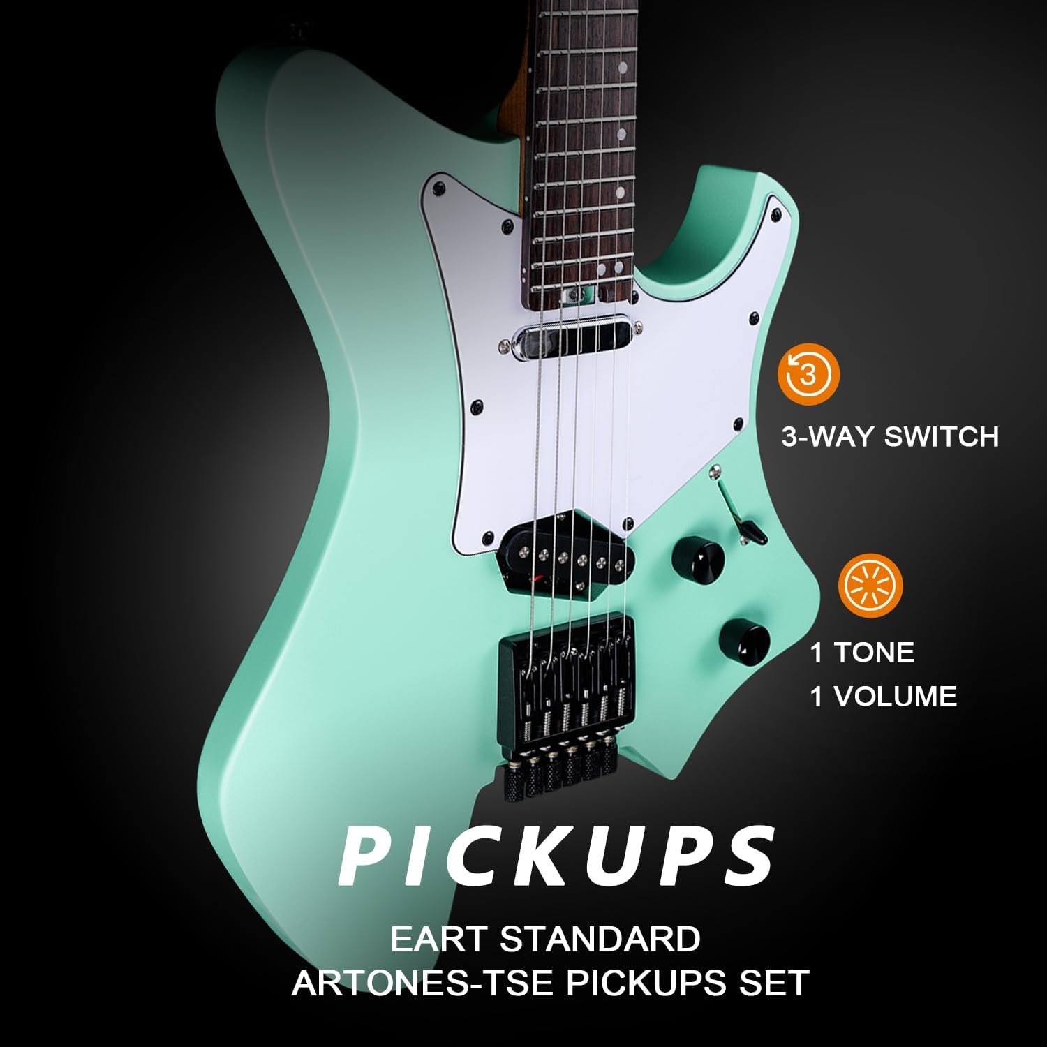 EART GW2TP-SE Lightweight Headless Electric Guitar, Solid Electric Guitar, Roasted Mahogany Body, Custom Artones-TSE pickups with Guard, Satin Finish