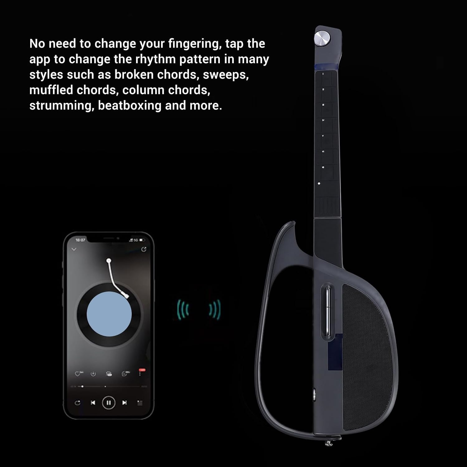 Smart Electric Guitar, Foldable Automatic Accompaniment Guitar, Stringless Electric Guitar with Earphone Jack, Playing and Singing One Person Band (Black Grey)