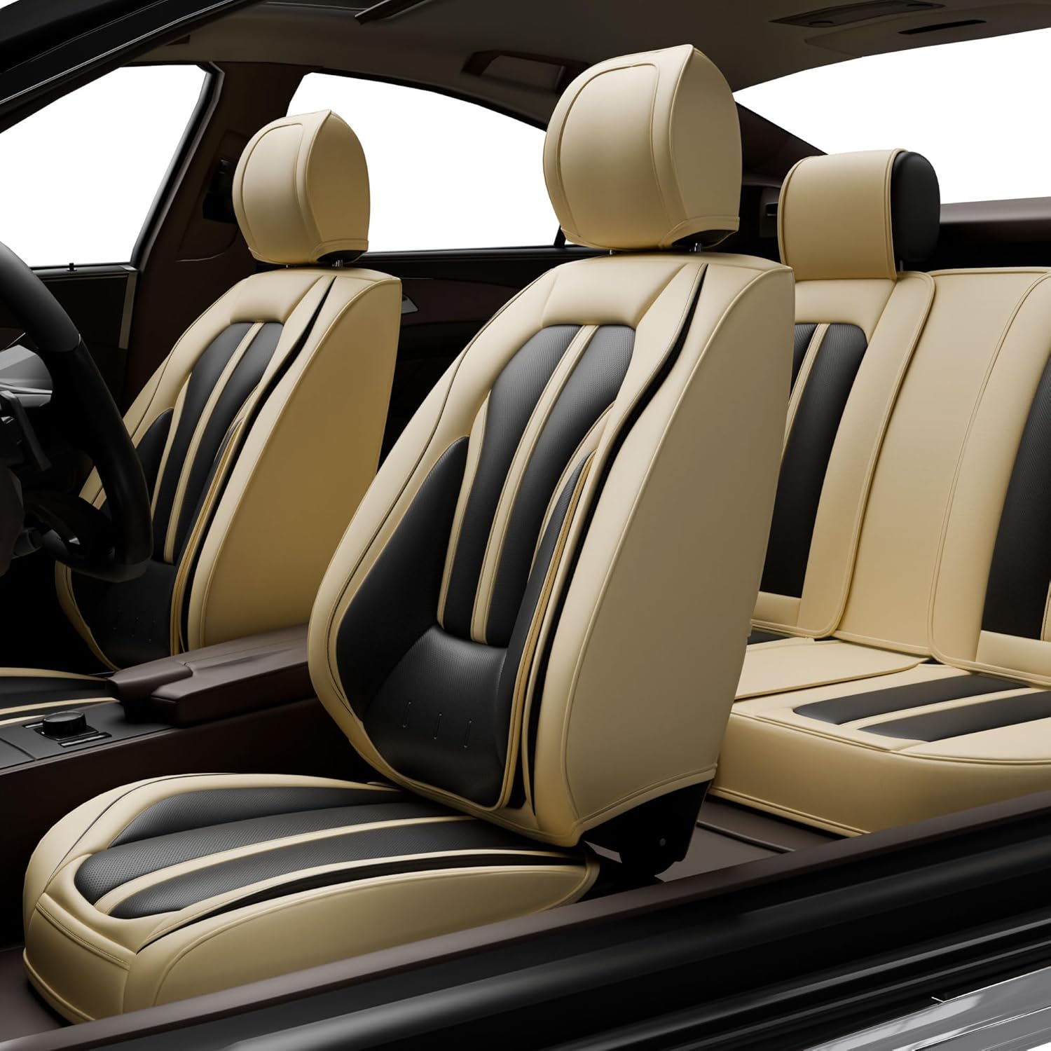 ASLONG 5PCS H7 Front and Back Car Seat Covers Auto Interior Accessories with Water Proof Nappa Leather for Cars SUV Pick-up Truck Universal Comfortable and Breathable (Full Set, Black&Beige)