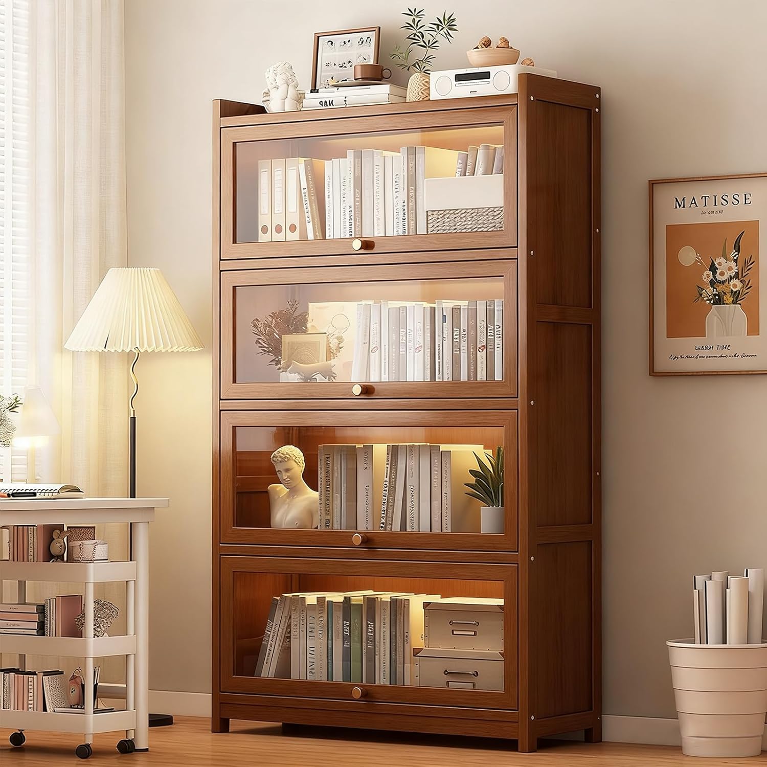 Bamboo Bookshelf with Acrylic Doors, 4-Tier Tall Bookcase with Flip-Up Doors, Freestanding Display Cabinet for Living Room/Study, Brown